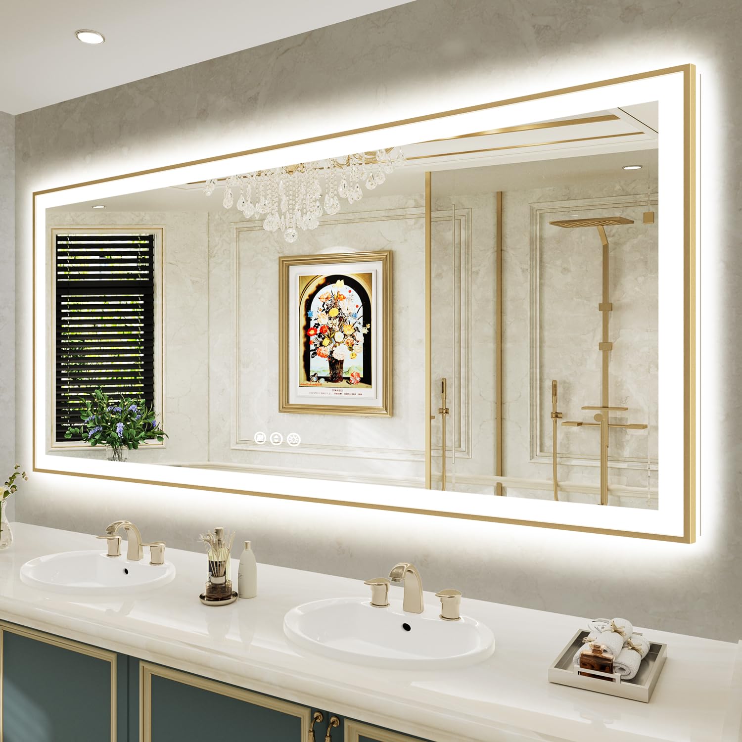 77x36 LED Bathroom Mirror with Lights, Gold Framed Lighted Mirror