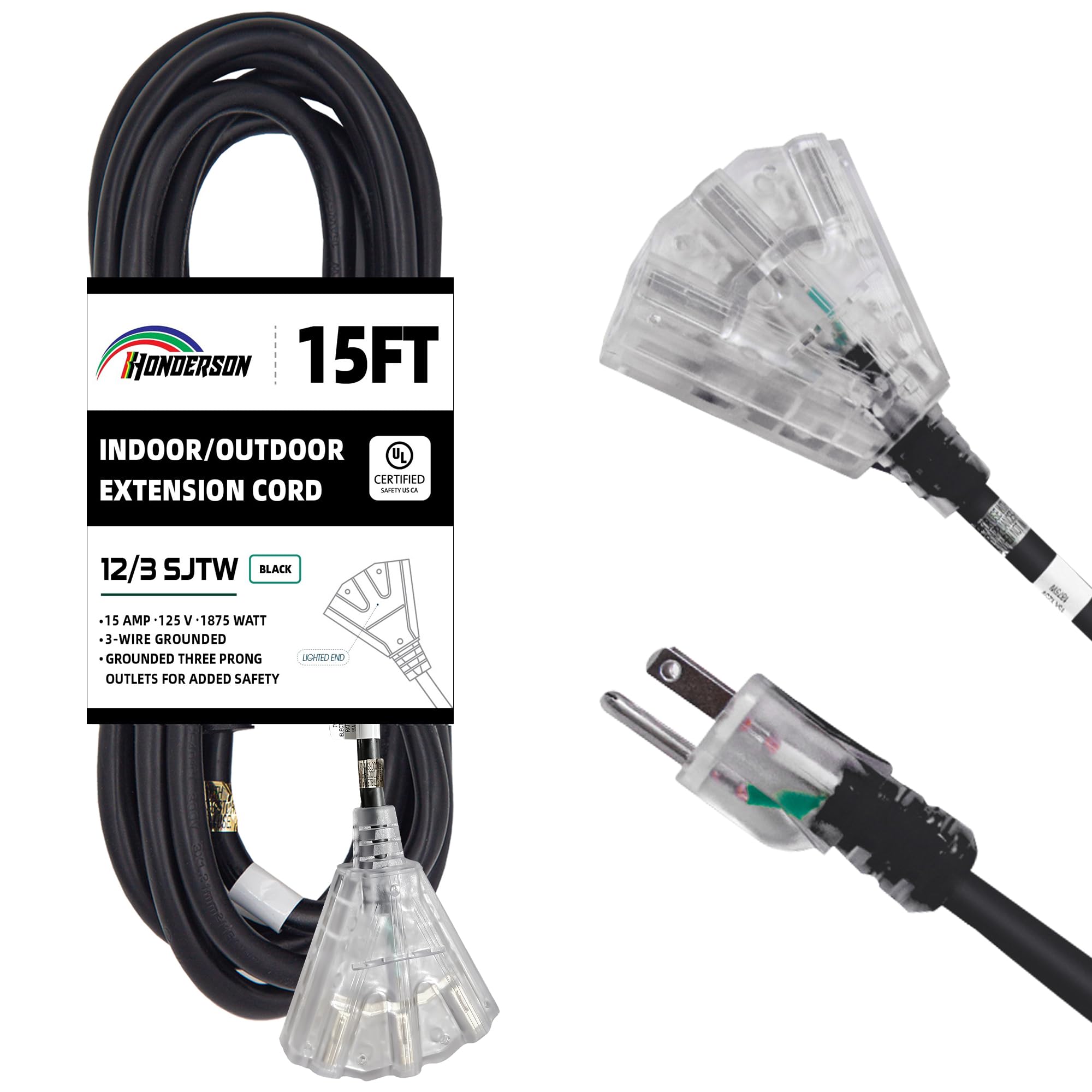 Cable Extensión Iluminado para Exteriores 15 Pies con 3 Tomas Corriente Cable Extensión Servicio Pesado 12/3 Sjtw con Enchufe 3 Clavijas A Tierra para Seguridad Listado Ul 15