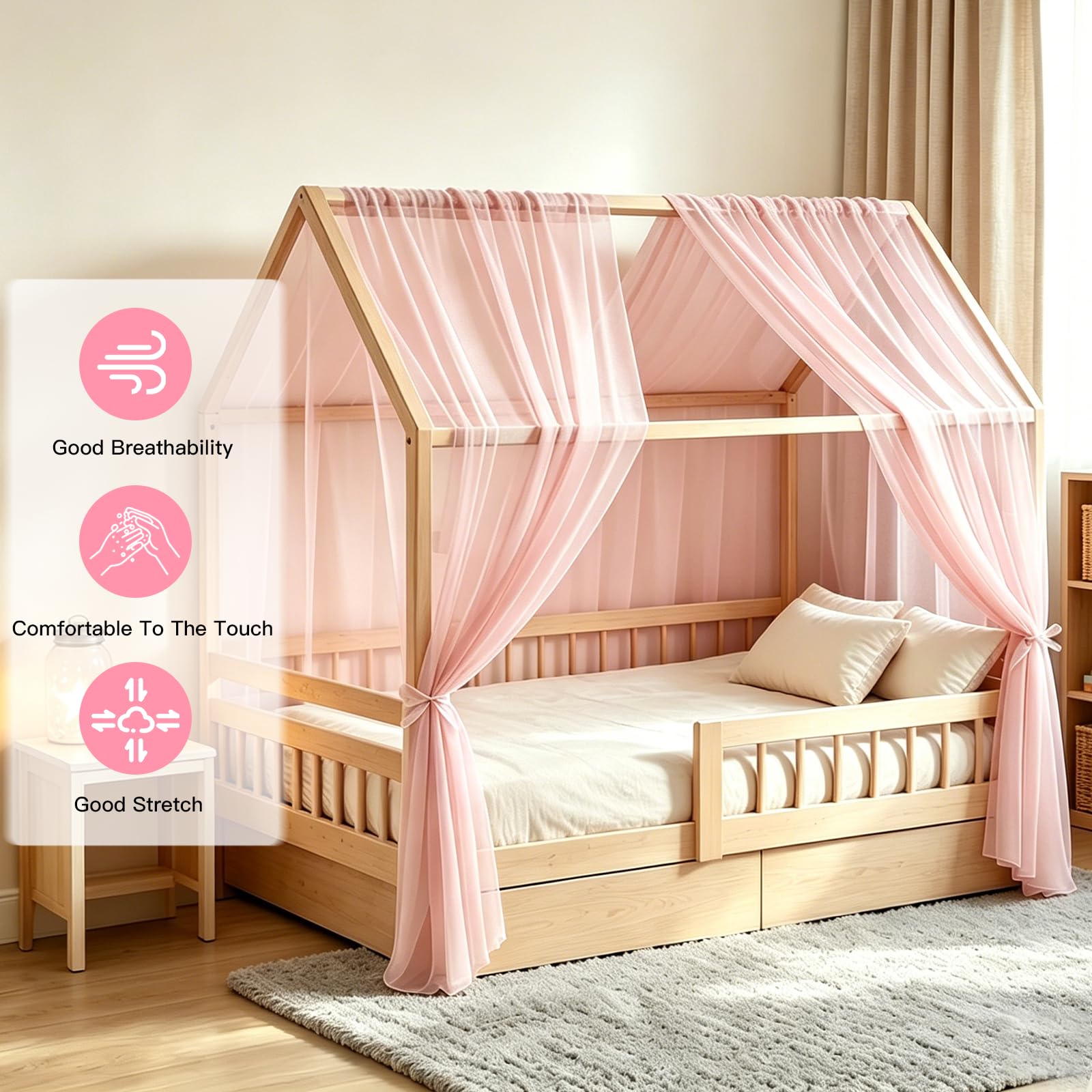 Generisch Hausbett Himmel Set, 2 Stück Betthimmel Hausbett für Hausbettdeko, Bett Vorhang für Mädchen Jungen Kinderbett Kinderzimmer Deko, 150cm*350cm (Rosa)