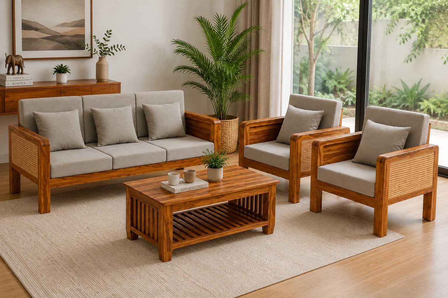 Wooden Living Room Sofa Set (4-Piece Furniture Set with 3-Seater Sofa, 2 Single Seater Chairs & Without Coffee Table)-image-45