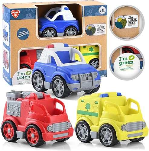 Miniatura 1 de PLAY Eco-Friendly 3 in 1 Emergency Vehicle Toy Set, USDA Certified No BPAPhthalatePVC, Recycled Bioplastic Rescue Vehicle with Fire Truck, Police