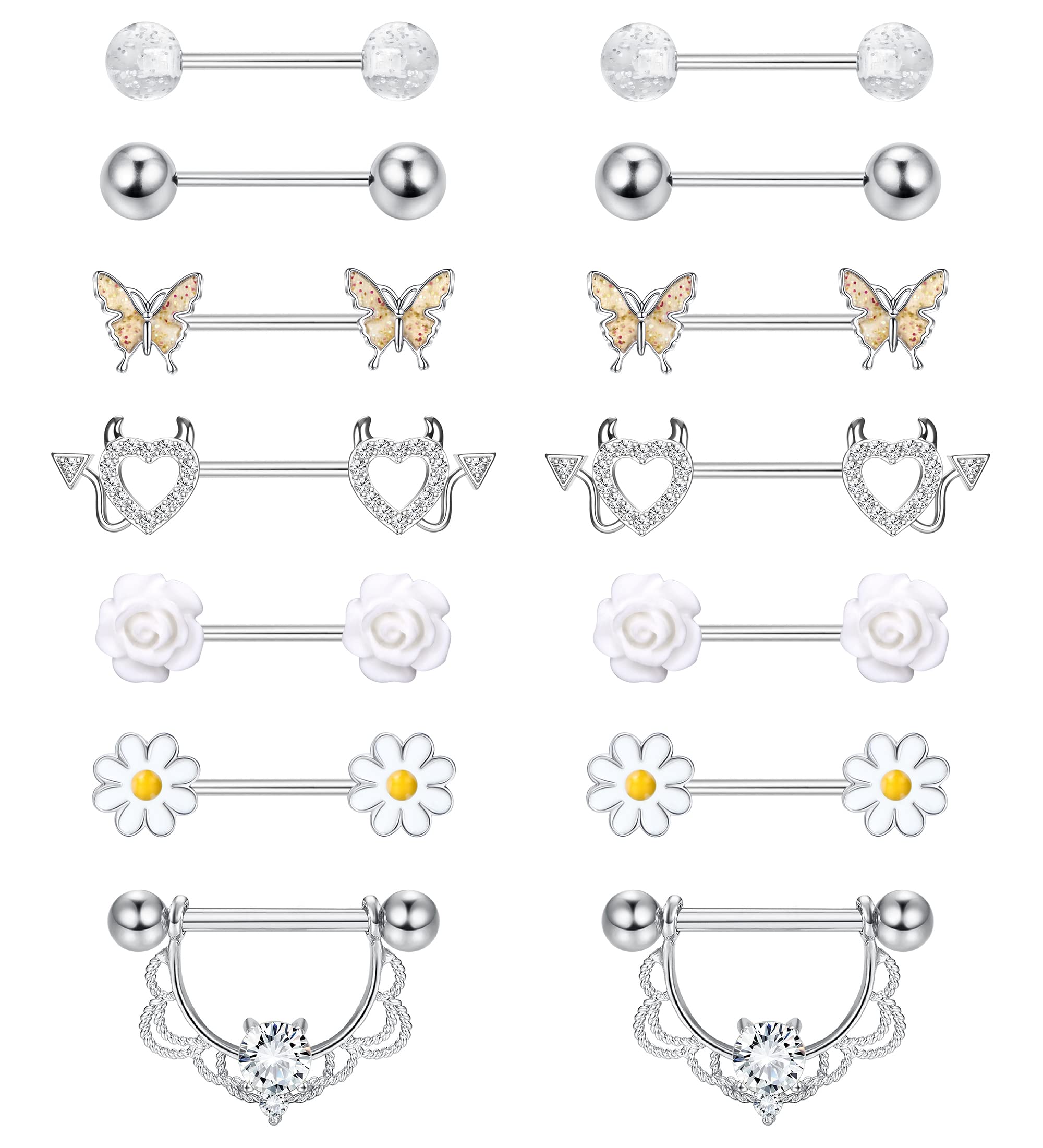 JeryWe7 Pairs 14G Nipple Rings for Women 316L Stainless Steel Heart Butterfly CZ Flower Barbell Nipple Rings Set Cute Nipplerings Piercing Jewelry