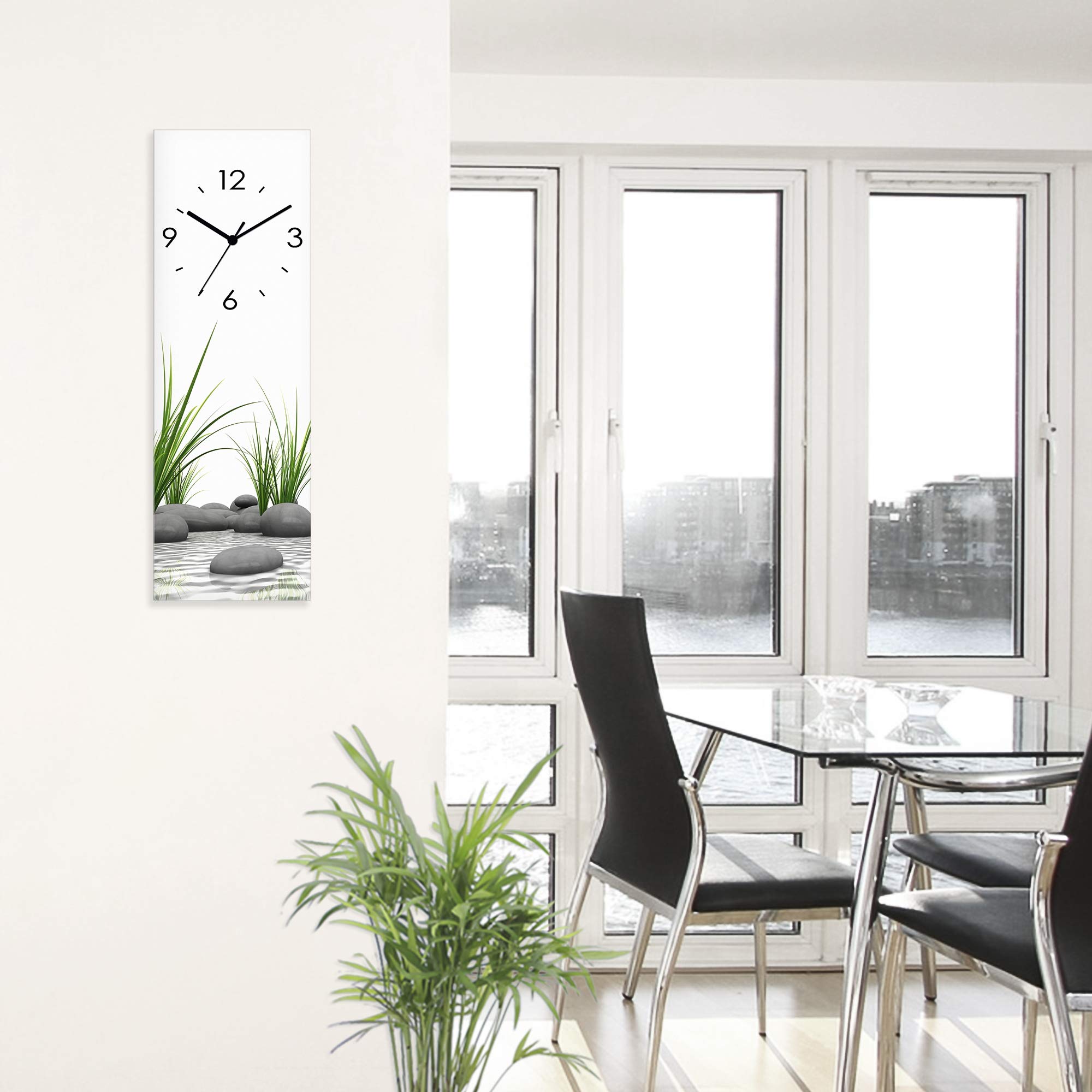 ARTLAND Wanddeko Wanduhr ohne Tickgeräusche Glas Funkuhr 20x60 cm Rechteckig Lautlos Natur Design Zen Spa Steine Asiatisch Modern T6CD