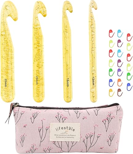 BENBO Juego de ganchos de ganchillo enormes, 4 tamaños extra grandes de agujas de ganchillo y 20 marcadores de puntada con estuche, hilo voluminoso