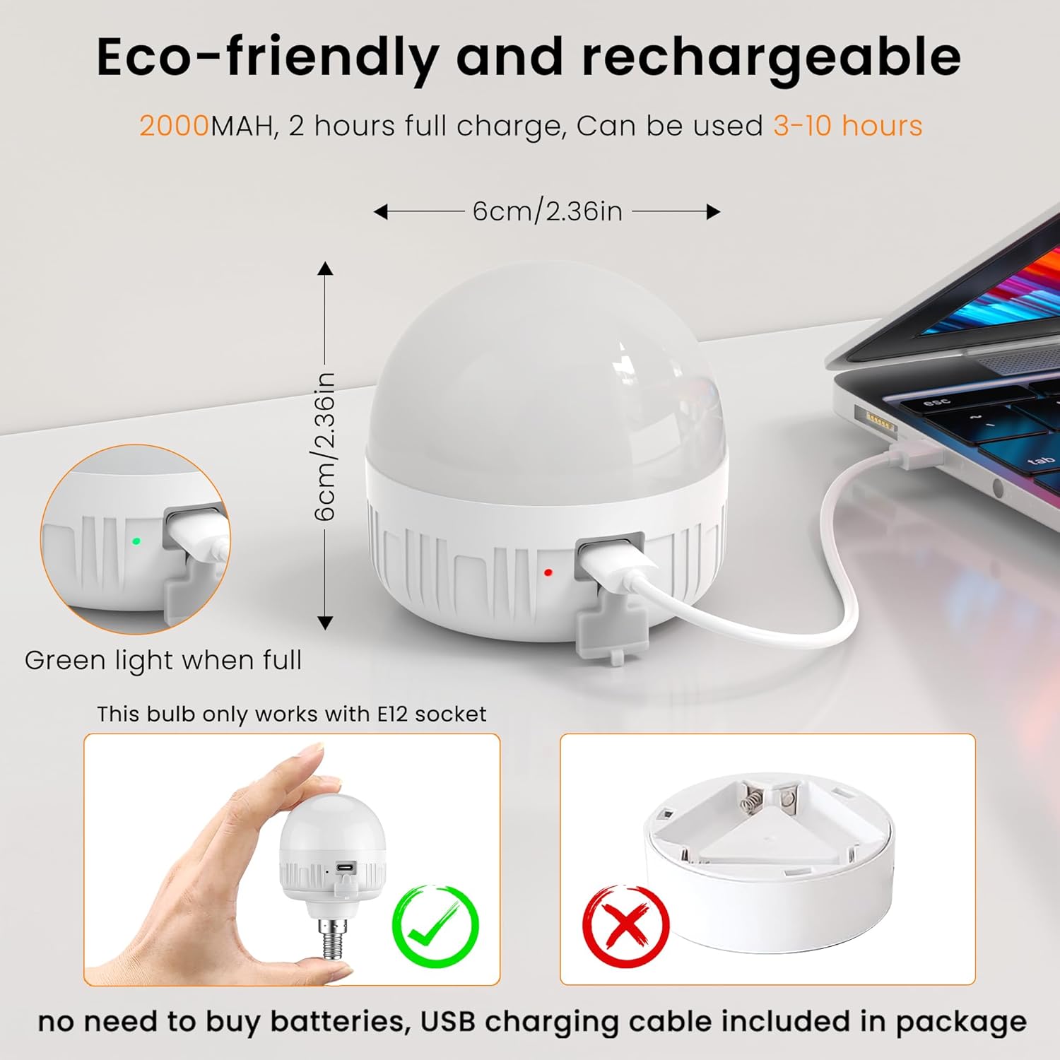 2Packs E12 Rechargeable Light Bulbs with Remote Control, 5W 350lm Magnetically Battery Operated Light Bulbs with 3 Color Temperature, Timer, Dimmer for Non-Hardwired Candle chandeliers Candelabra lamp