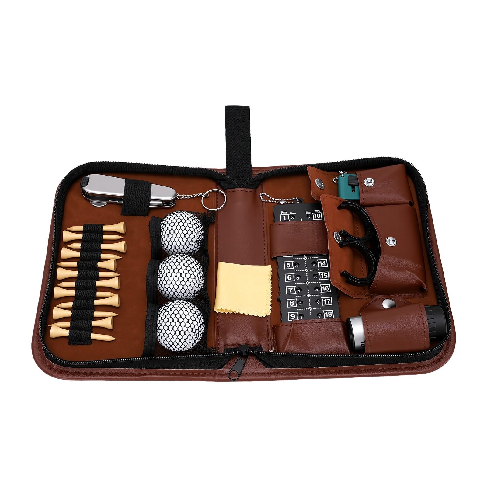 SIXRUN Golf Tee Set, Golfzubehör mit PU Leder Tragetasche, 3 Bälle und 12 | Verschleißfester Organizer, Tragbare Golftasche mit Bürste und Entfernungsm.
