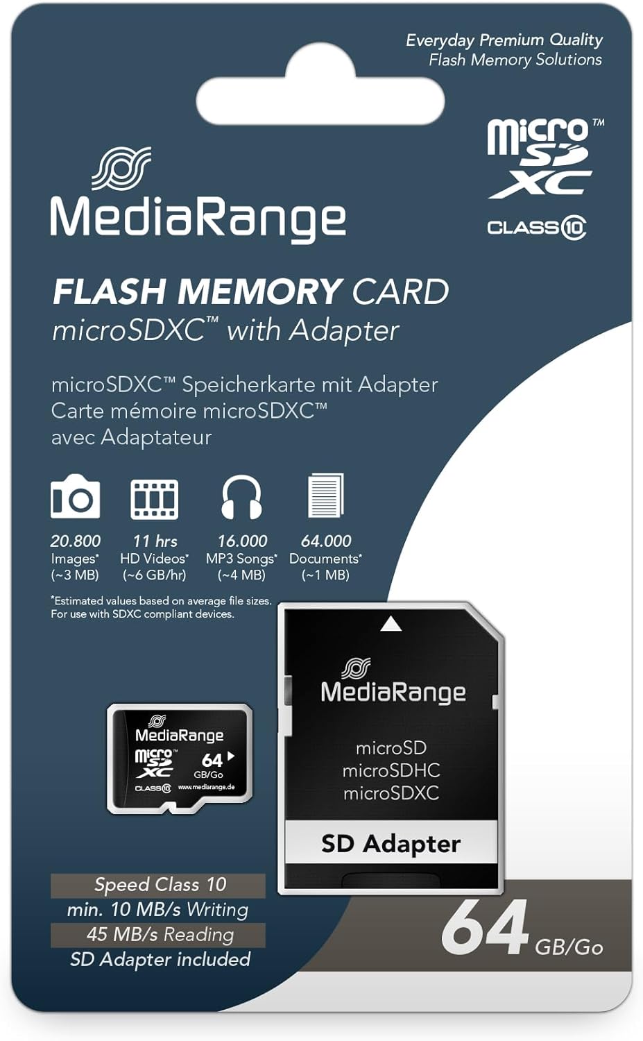 MediaRange Micro SDXC Memory Card with SD Adapter 64 GB - Speed Class 10, Read Speed up to 60 MB/s, External Data Storage for Mobile Devices Such as Digital Cameras or Smartphones