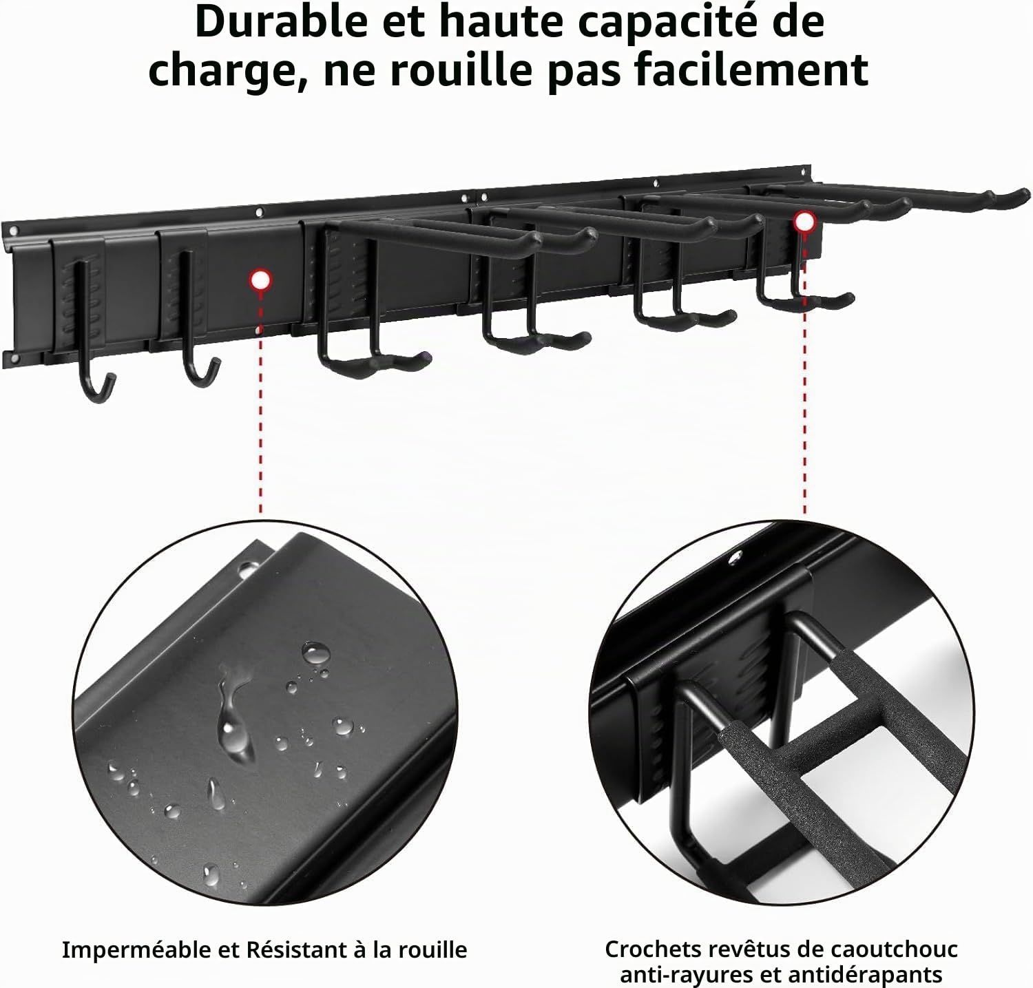 Porte Outils Mural Premium - Range Outils de Jardin avec 6 Crochets Réglables, Support Balais Mural pour Garage/Jardin - Organisation du Garage en Acier Robust
