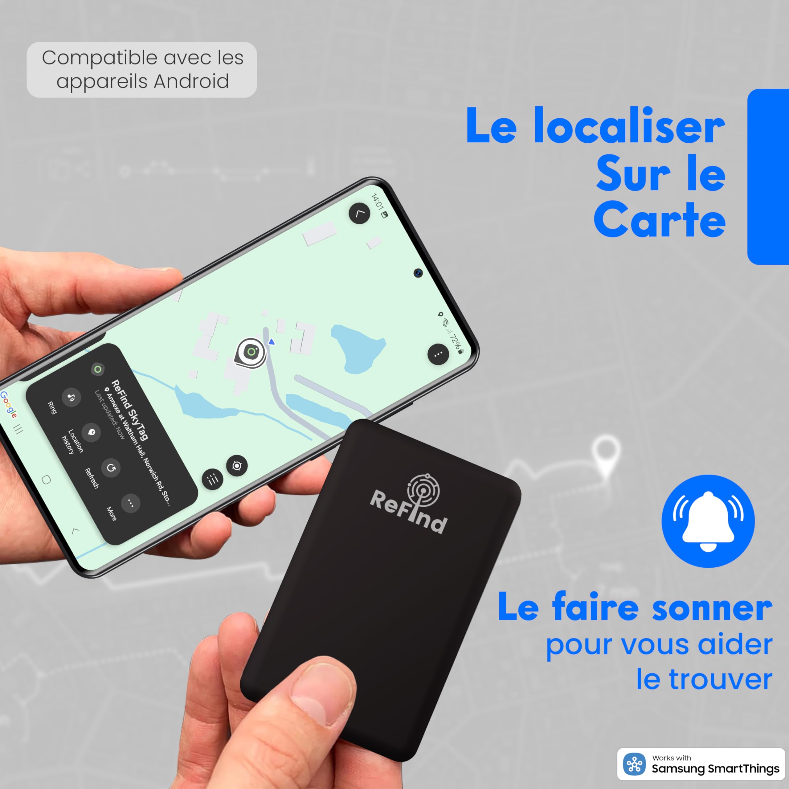 ReFind Carte-Tracker (Uniquement pour Samsung) – Balise Intelligente Mince et Robuste pour Portefeuilles, Sacs. Carte-Tracker Rechargeable, Compatible avec l'application Samsung SmartThings.