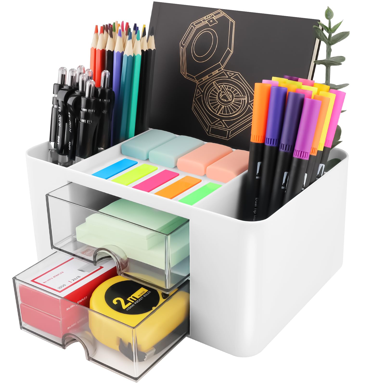 Organizador de Escritorio, Multifuncional Plástico Organizadors Escritorio Desk con 5 Compartimentos y 2 Cajón para Hogar Oficina y Escuela (Blanco)