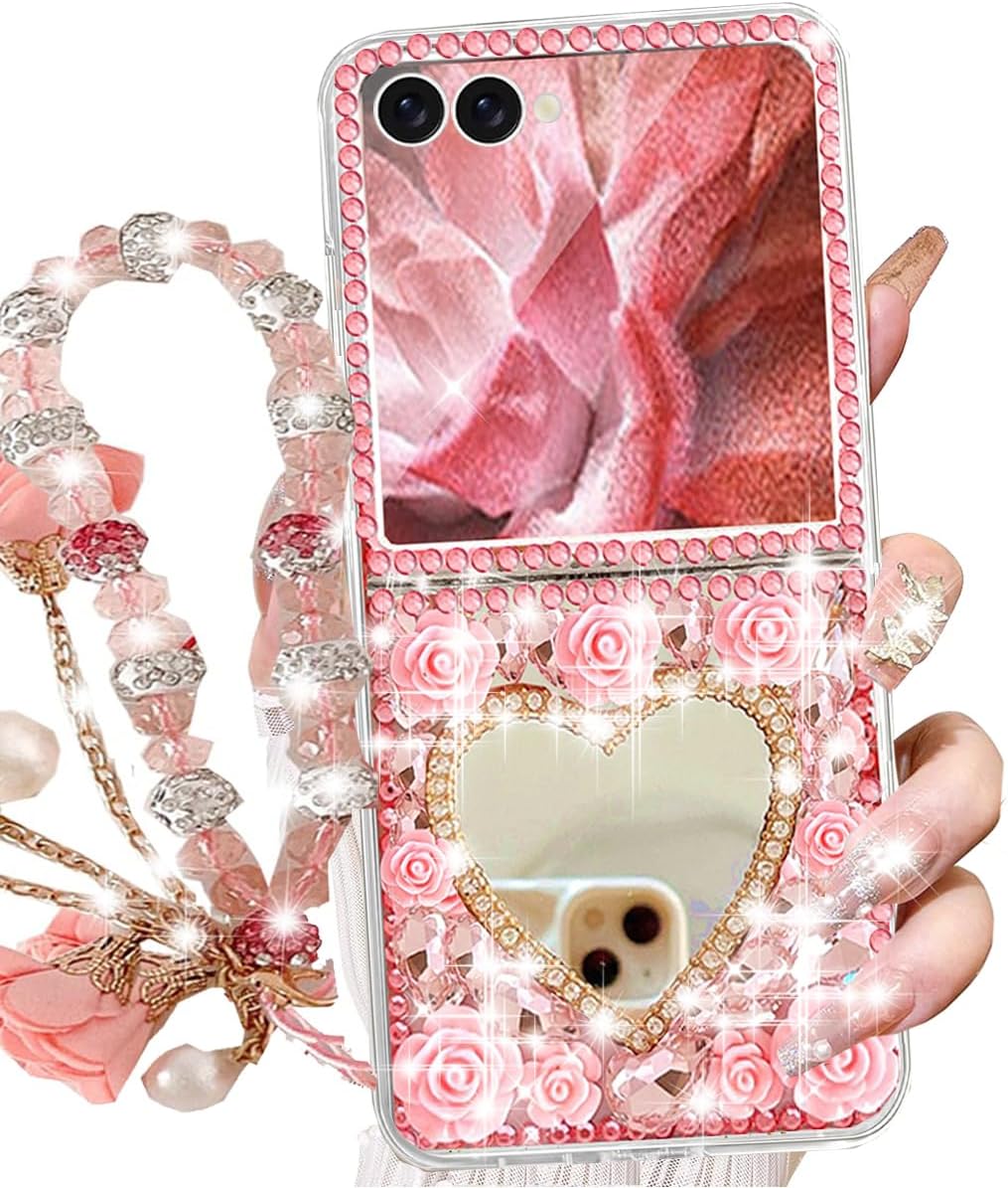 for Samsung Galaxy Z Flip 7 Glitter Bling Case, Cute 3D Sparkle Heart Makeup Mirror Crystal Rhinestones Flowers Diamond Gems with Lanyard Wrist Strap Women Girls Case for Galaxy Z Flip 7,Pink