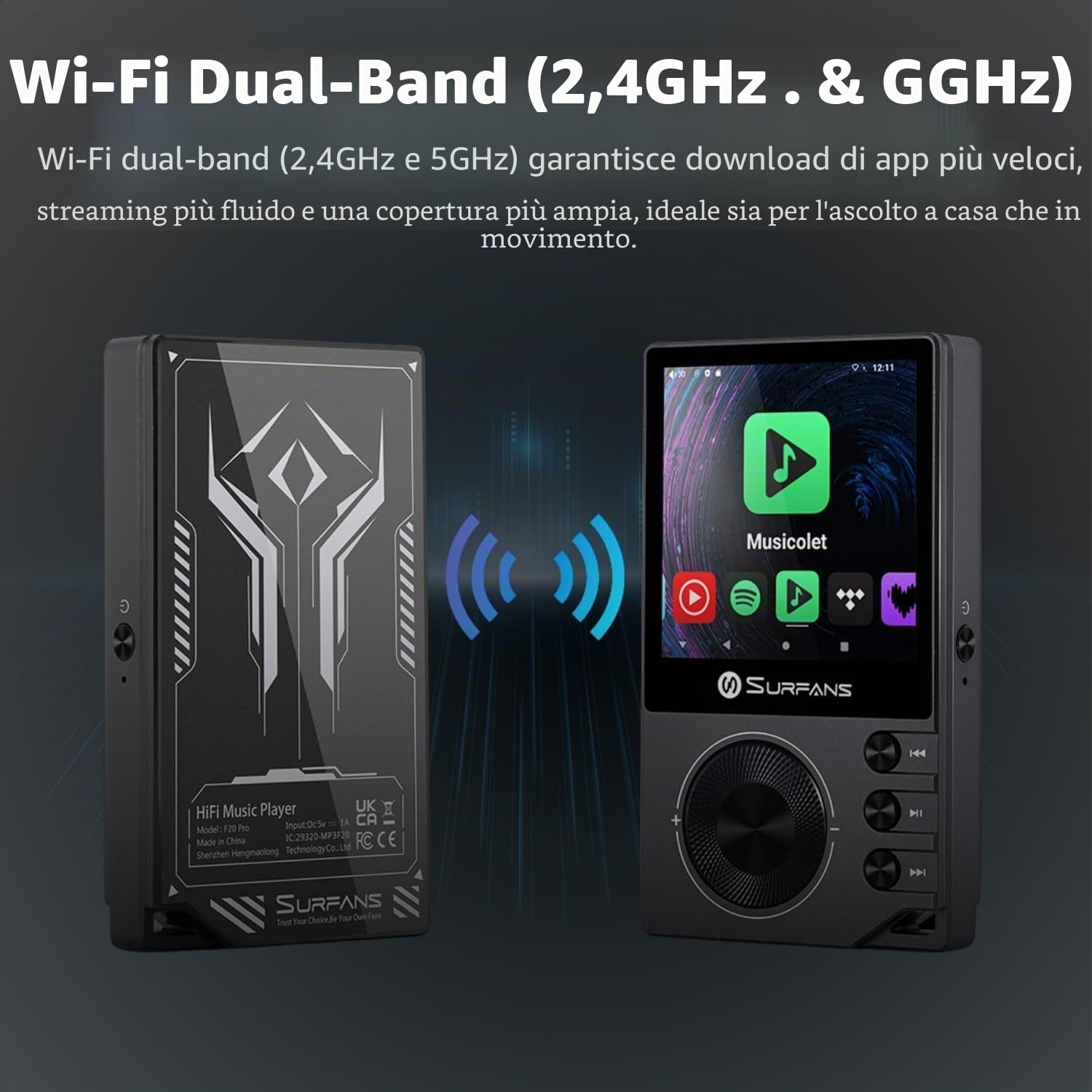 Lettore MP3 Surfans F20 Con Bluetooth – Hi-Fi Lossless, DAC PCM510xA, Memoria 256GB, Schermo 2.0″, Autonomia 10h
