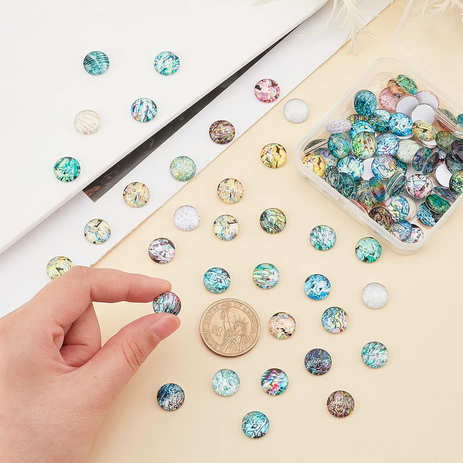 PH PandaHall 100pcs 12mm Glass Cabochons, Mixed Abstract Shell Tiles Ocean Seaside Cabochons Seashell Mosaic Printed Picture Tile Half Round Dome Cabochons for Christmas Necklace Jewelry Making - Image 7