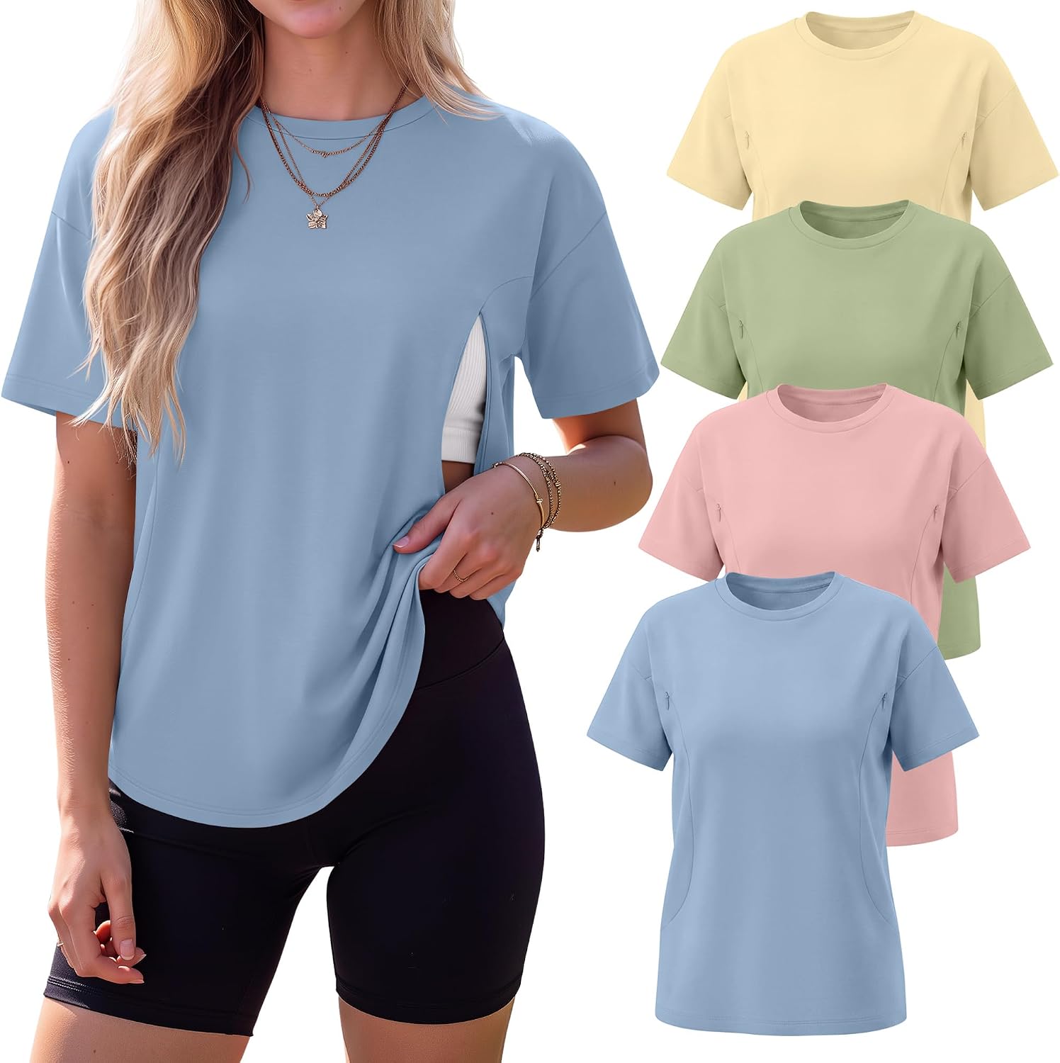 Ficerd 4 Pack Women's Nursing Breastfeeding Tops Hidden Zipper Short Sleeve Loose Fit Shirts Crew Neck Maternity Summer Tees
