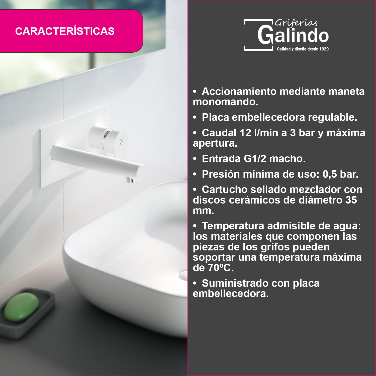 Galindo - Grifo Empotrado Lavabo - Aroha - Mod. 4605611 - Blanco - Monomando para Instalación en Pared - Caudal con Aireador de 12 l/min - Latón Cromado