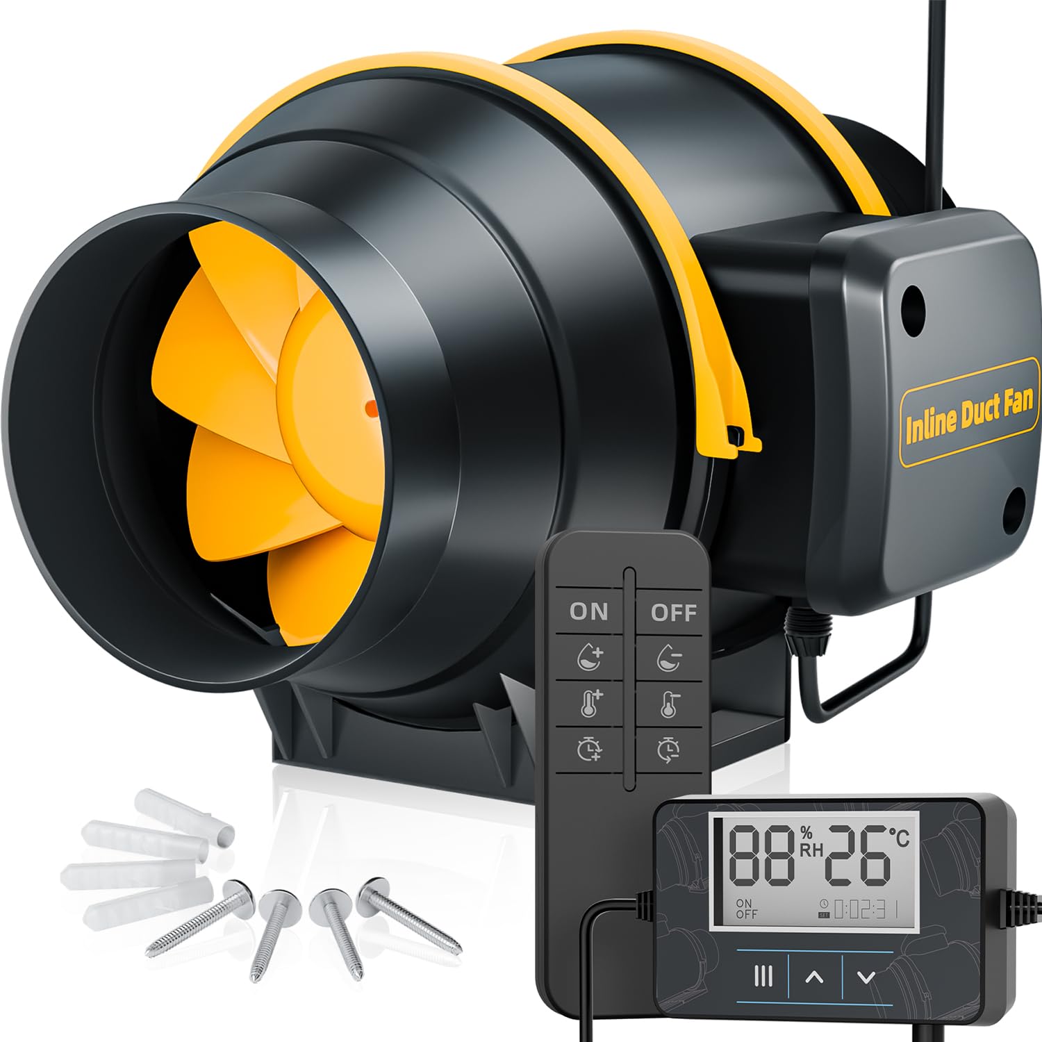 Extracteur d'air Intelligent 100 mm avec télécommande, minuterie et capteur de température et d’humidité, Double roulement à Billes, débit 367 m³/h, pour Tente de Culture, hydroponie, Garage