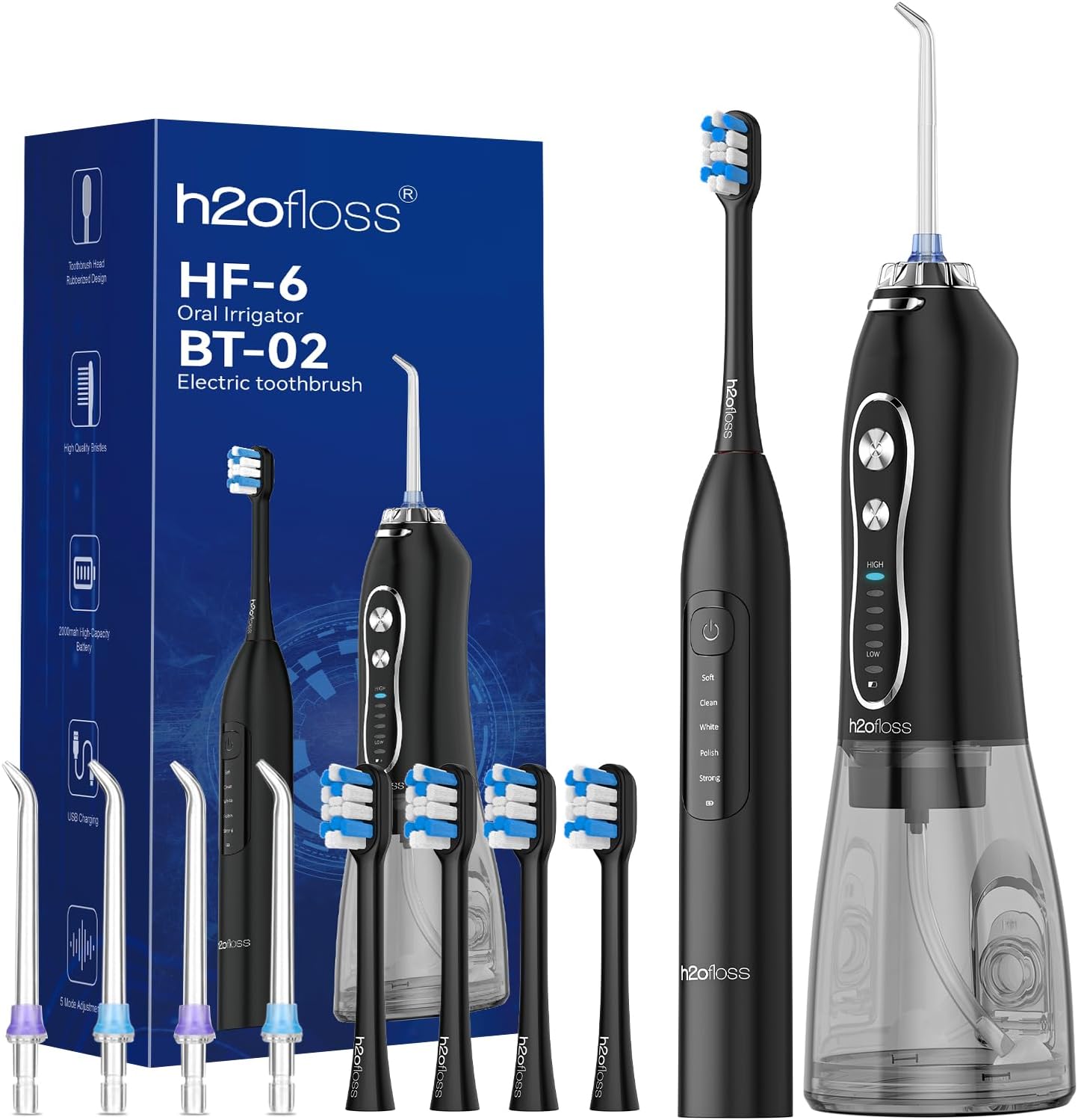 H2ofloss Water Flosser & Electric Toothbrush Combo – 2-in-1 Oral Care for Brushing & Flossing | 300ML Water Tank, 20–110 PSI, 5 Modes, BPA-Free | Long Battery Life | for Home & Travel