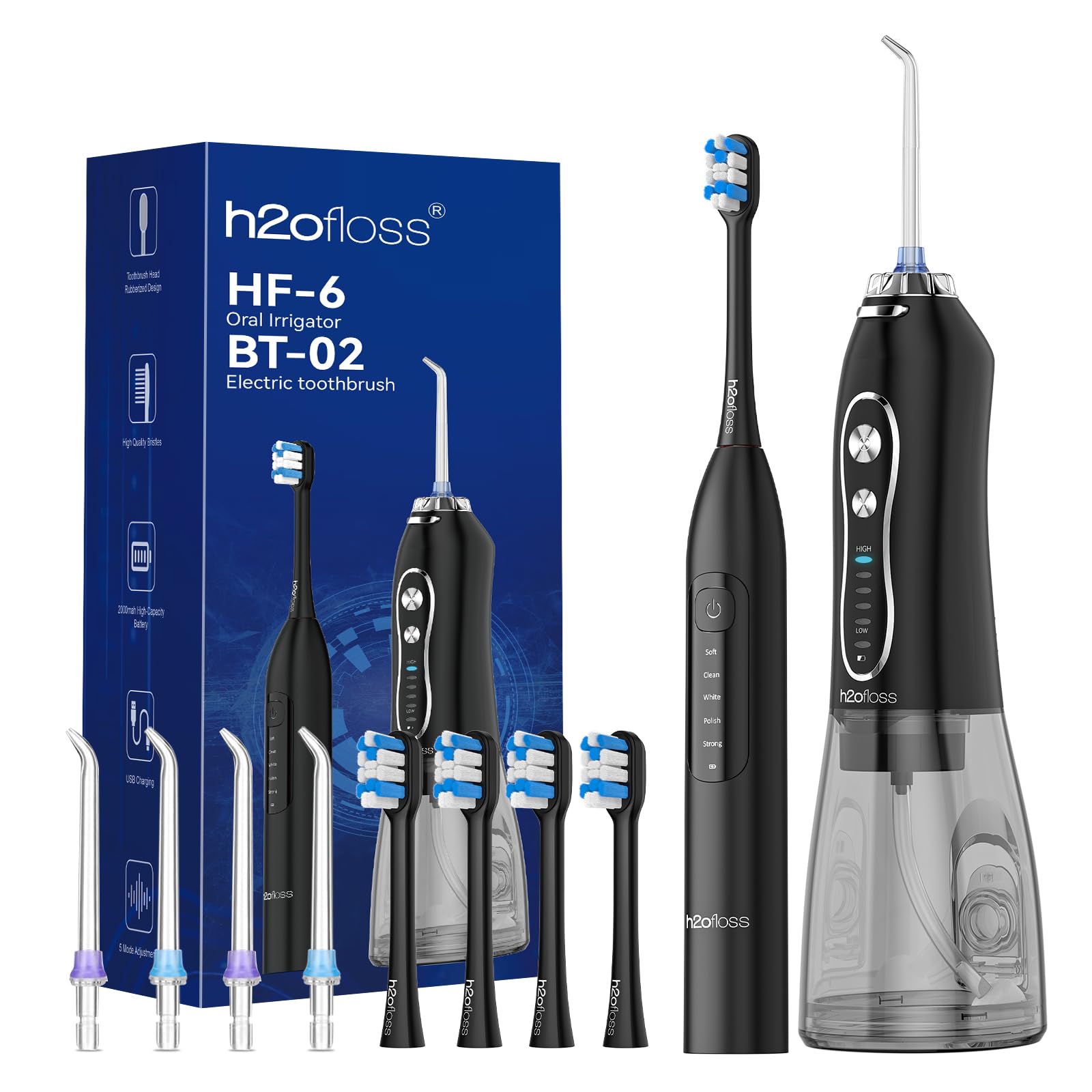 H2ofloss Set di idropulsore e spazzolino elettrico 2 in 1 per la cura orale per spazzolatura e filo interdentale, serbatoio dell'acqua da 300 ml, 20-110 psi, 5 modalità, senza BPA, lunga durata della