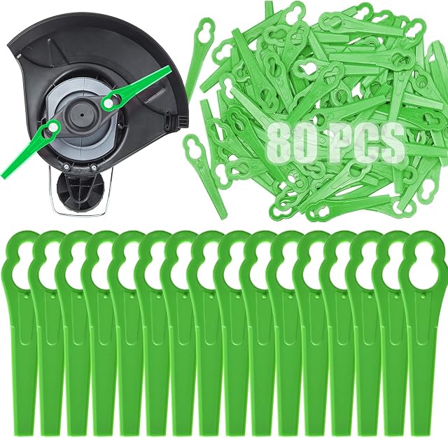 80 Pcs Grass Trimmer Replacement Blades, 83 mm Plastic Garden Mower Blades Cordless Lawn Mower Cutting Blades Lawn Strimmer Accessories Tool for Swift Ryobi VonHaus Bosch Grass Strimmer-Green
