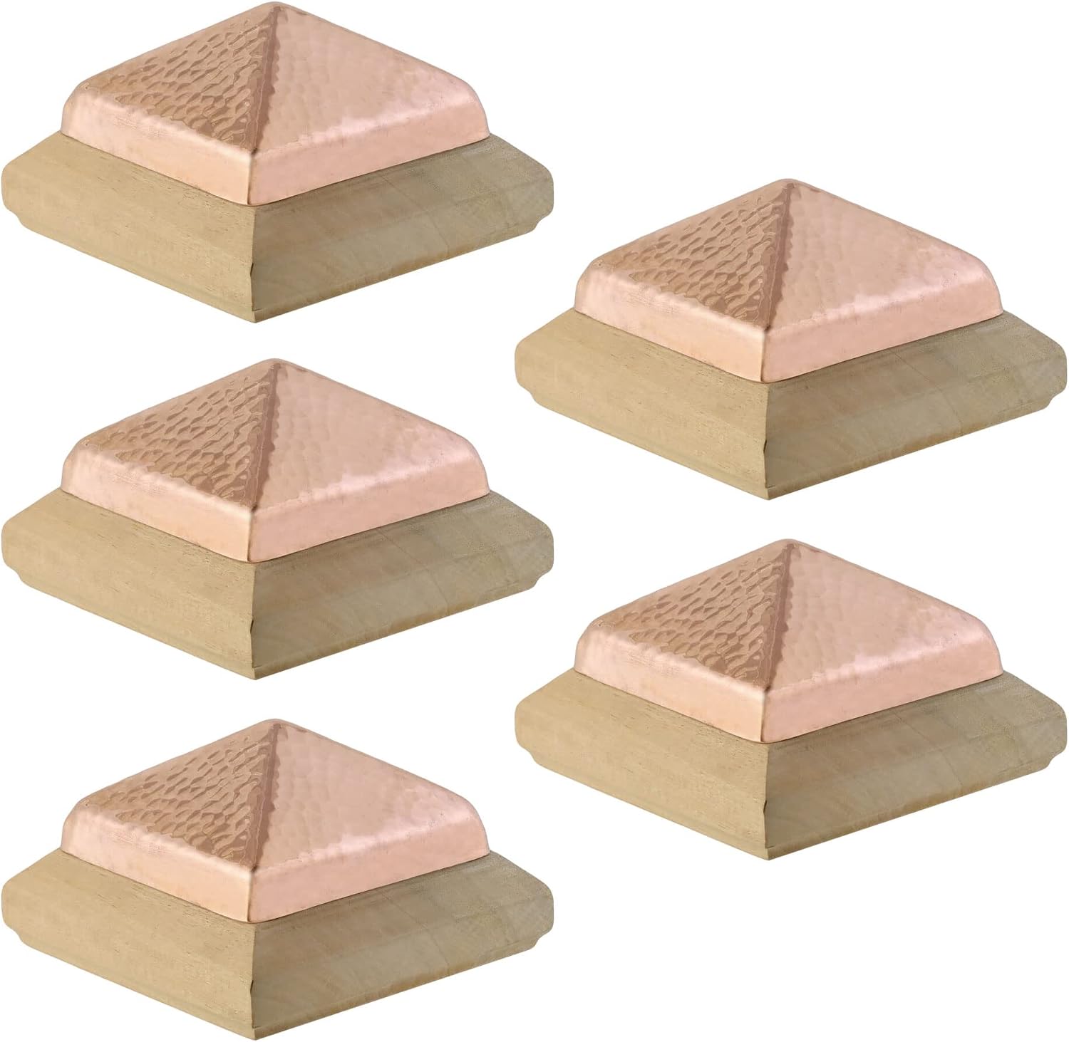 4x4 Traditional Flat Wood Post Caps with Hammered Copper Pyramid (5-Pack) - One-Piece Miterless - Fence & Deck Protection (3-1/2 in.)