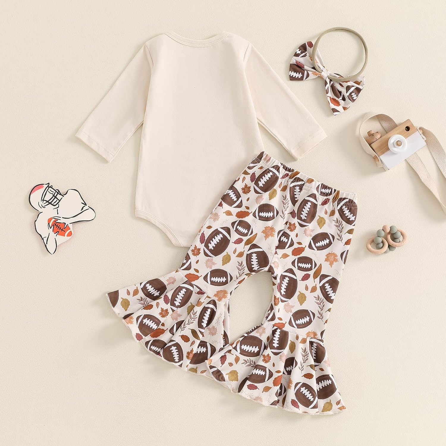Newborn Baby Girl Football Outfit Tis the Season Football Romper Flared Pants Set 3Pcs Infant Fall Clothes - Image 3