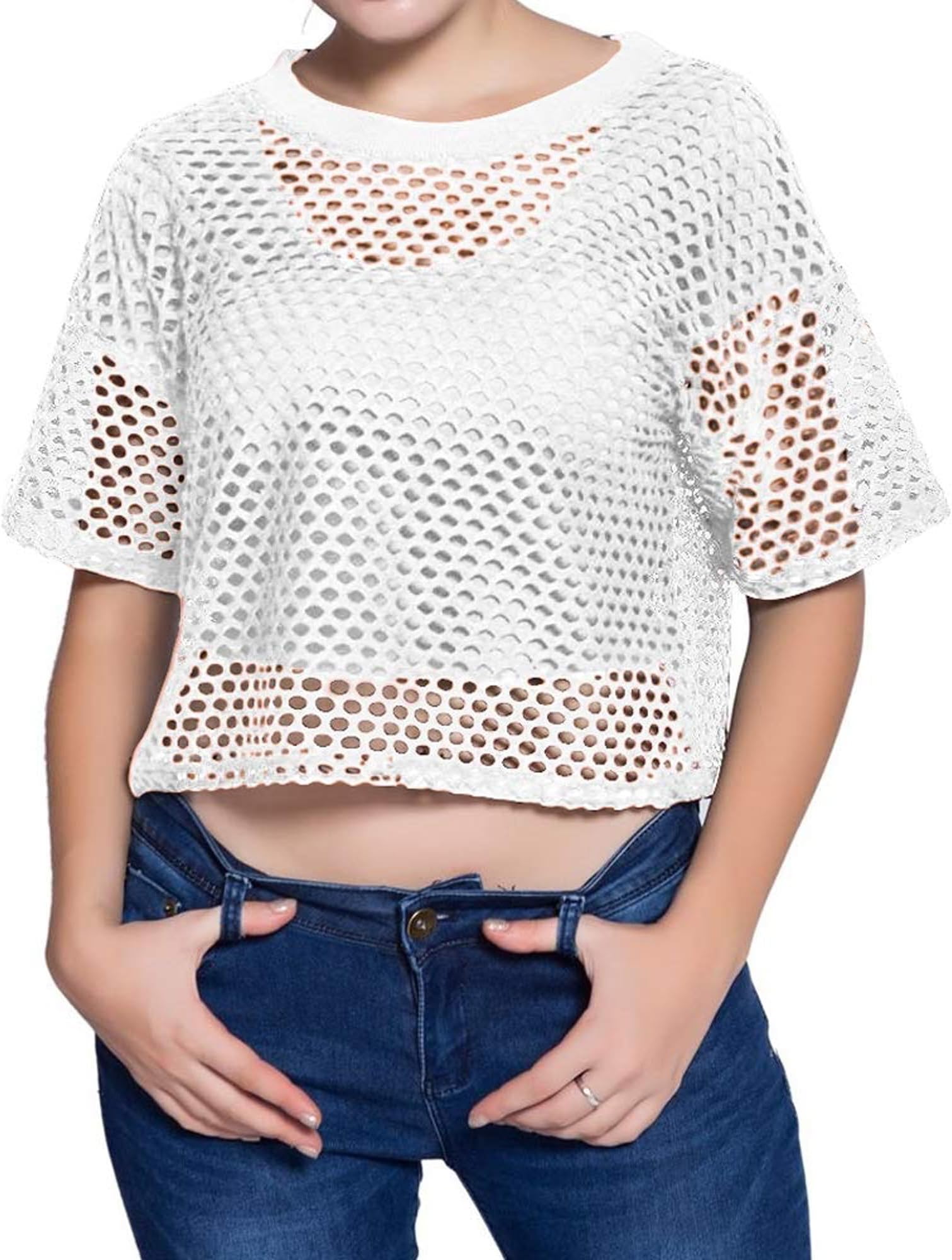 Women's Mesh Crop Top See Through Fishnet Shirt Crew Neck Sheer Cover Up