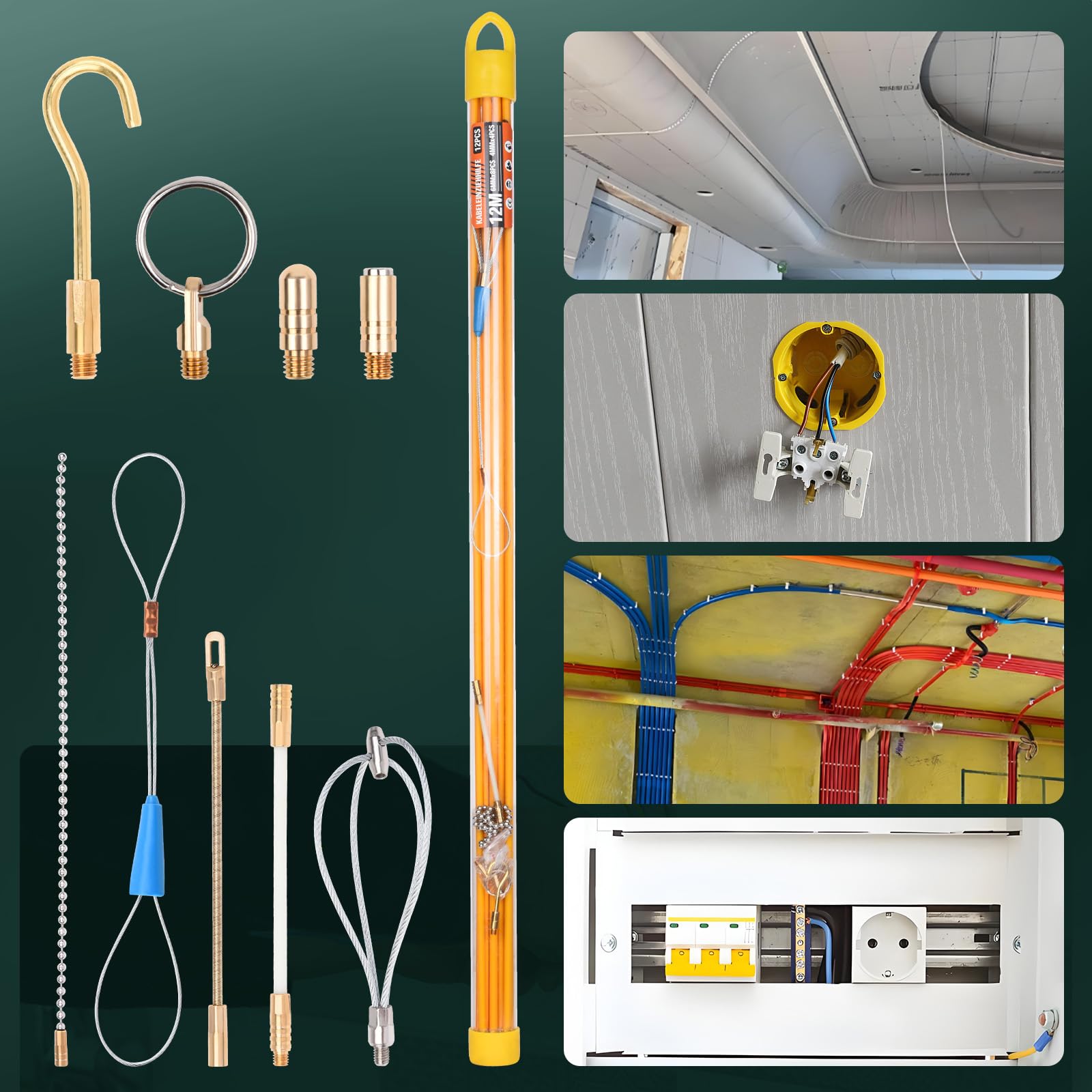 Câble de 12 m, 12 barres, 4 barres x 100 cm x 4 mm, spirales de rétraction, 8 tiges de 100 cm x 6 mm avec 9 adaptateurs pour tuyaux vides pour la pose de câbles