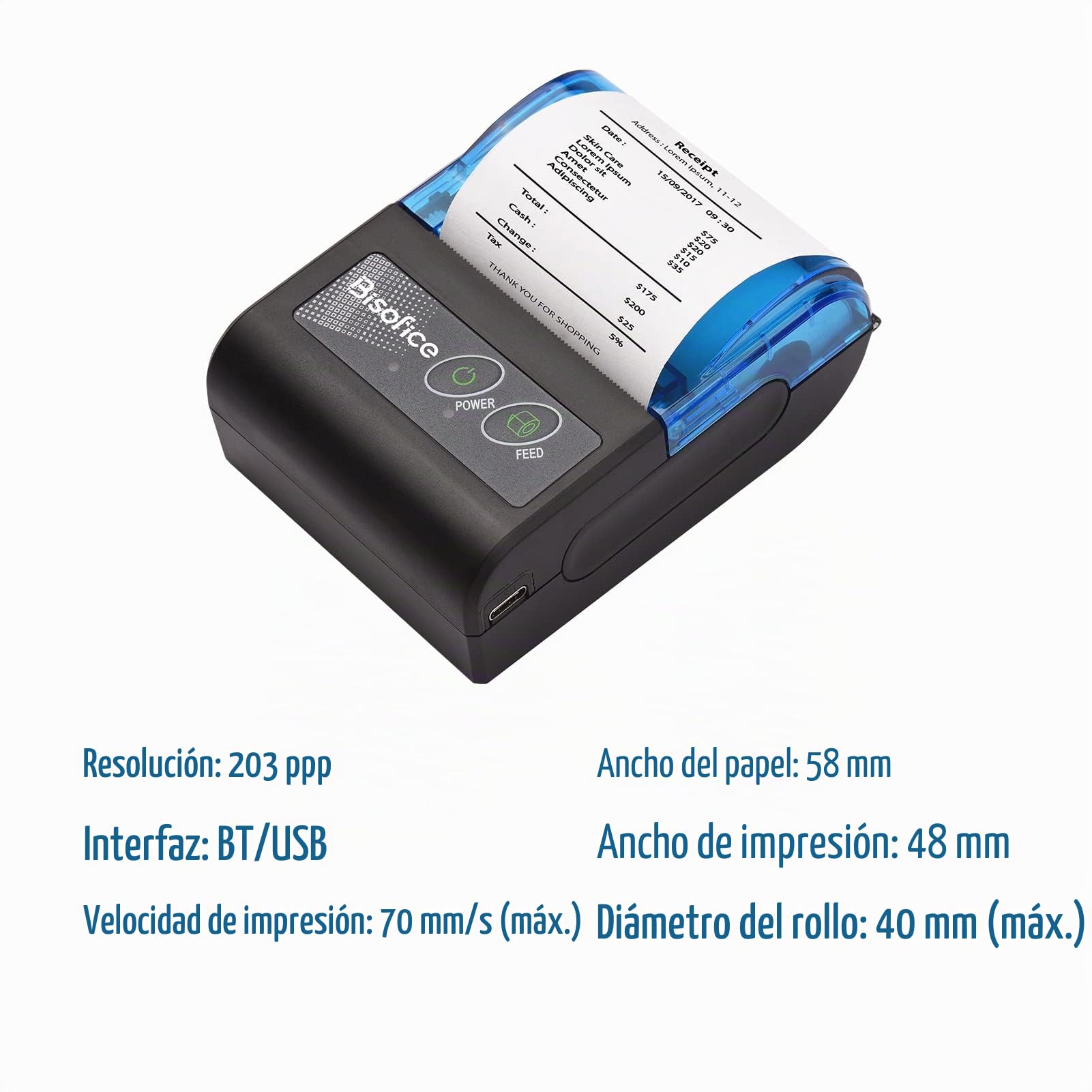 XGR-POS581 Mini impresora térmica portátil Impresora de tickets de recibos de recibos USB inalámbrica de 2 pulgadas con papel de impresión de 58 mm Compatible con iOS Android para ventas de