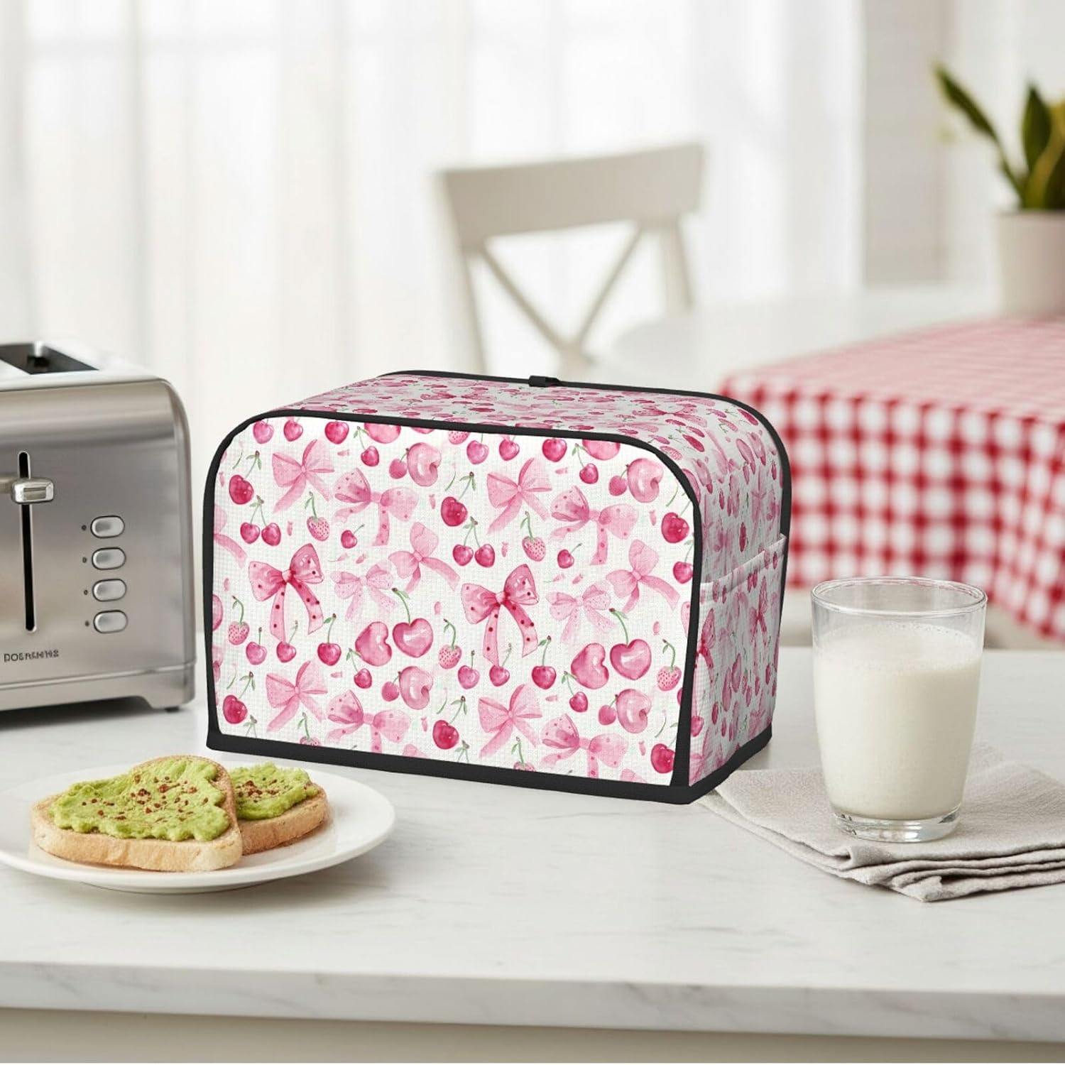 Pink Cherry Bow 2 Slice Toaster Cover, Waterproof Toaster Dust Cover Bread Machine Protector for Small Kitchen Appliance Dining Room Home Table Decor