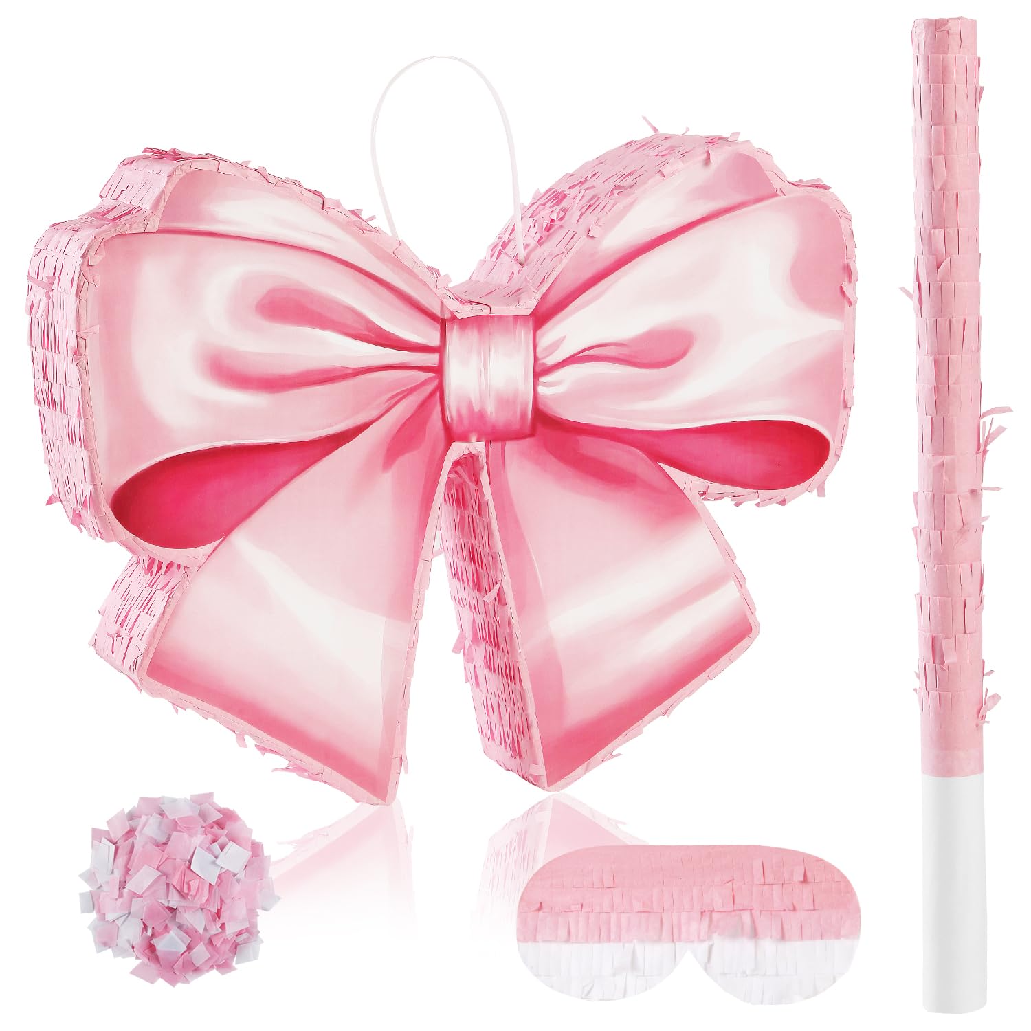 Pink Bow Piñata Birthday Party Decorative Bow Tie Piñata with Blindfold and Bat for Girls Kids Pink Bows Birthday Party Decorations (Small Size 16.5"
