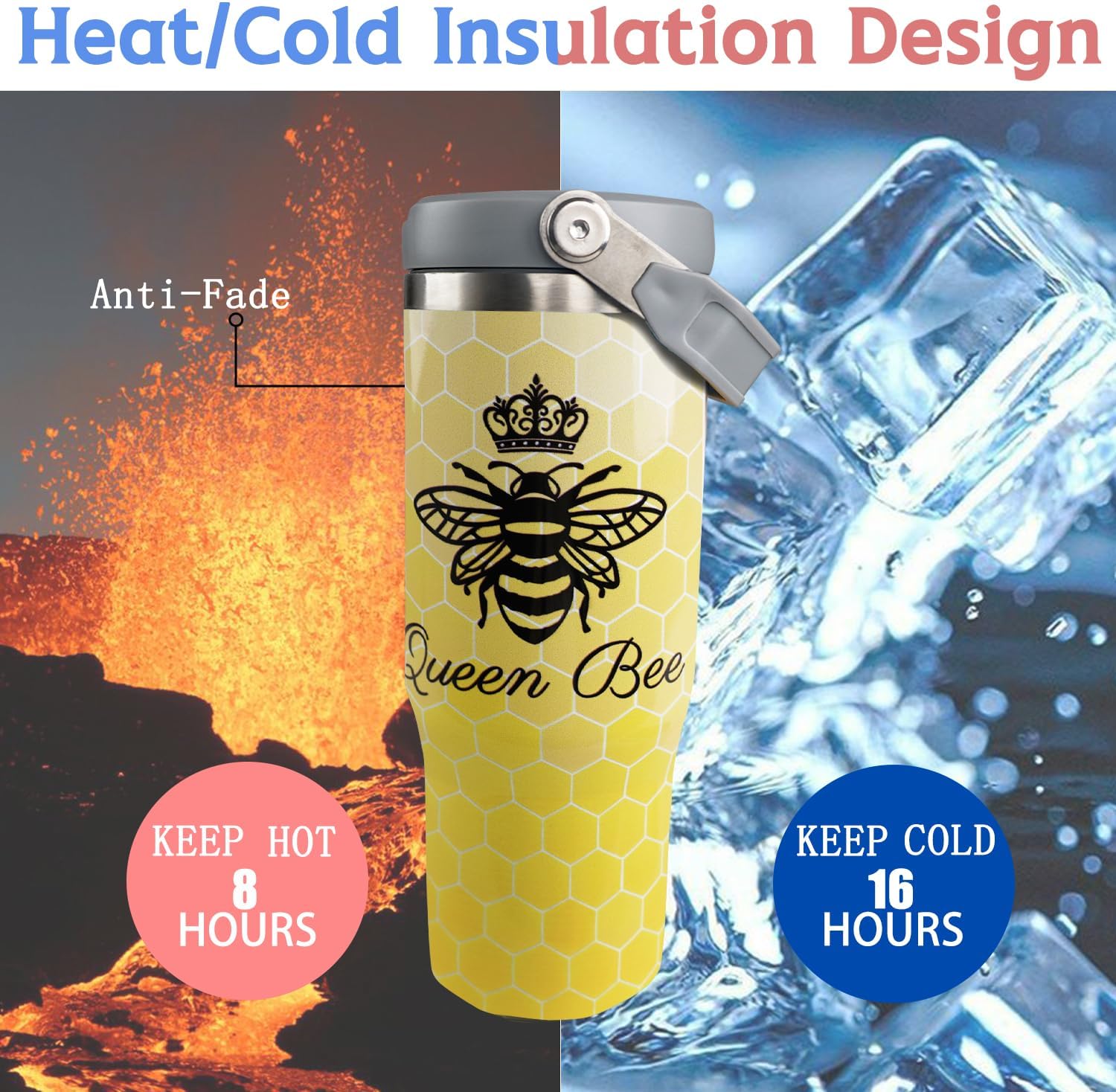 30oz Bee Tumbler With Handle and Straw - Queen Insulated Leak Proof Travel Coffee Mug, Reusable Stainless Steel Tumbler for Bee Gifts for Women, Men - Image 4