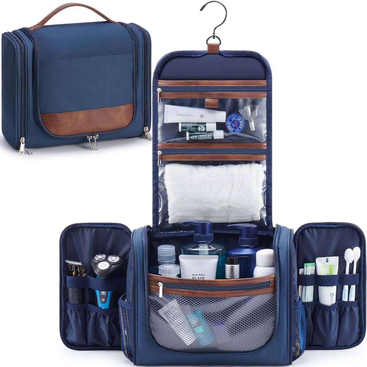 Ralnitote Neceser colgante grande para hombre, bolsa de baño de viaje con gancho, organizador de bolsa de higiene para ducha, afeitado y artículos esenciales de aseo, azul marino