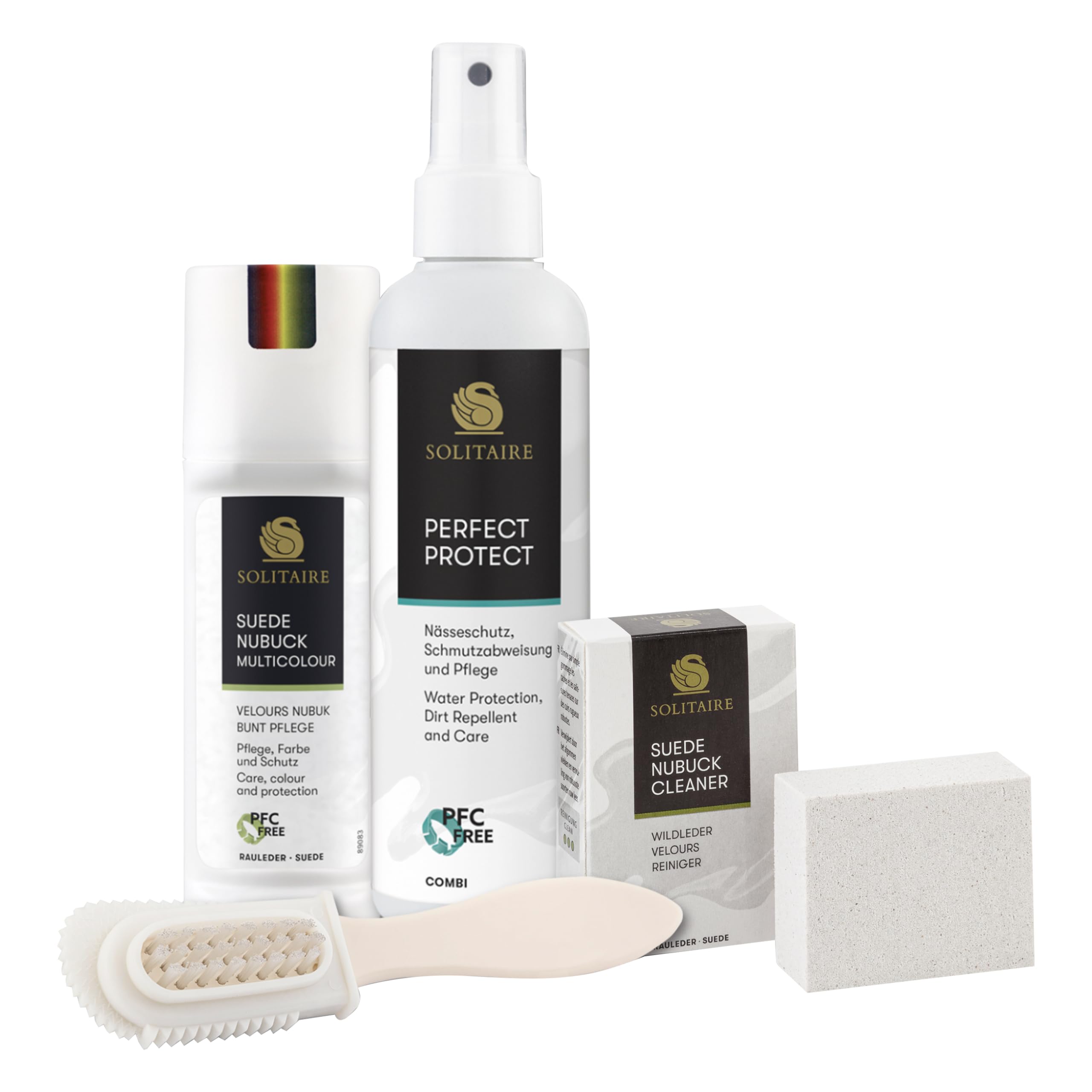 Velours Nubuk Wildleder Pflege Schuhputzset mit neuem 100% PFC-freiem Imprägnierspray Solitaire Perfect Protect
