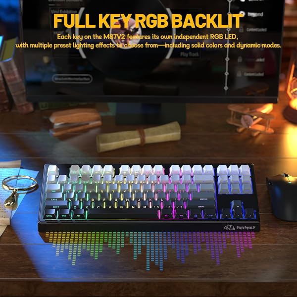 FREEWOLF M87V2 Wireless Gaming Keyboard, Tri-Mode BT/2.4G/cablata, silenziosa e delicata, 4000 mAh, tasti con stampa laterale, QWERTY US, anti-ghosting, 16 m RGB, per Mac/Win - 5