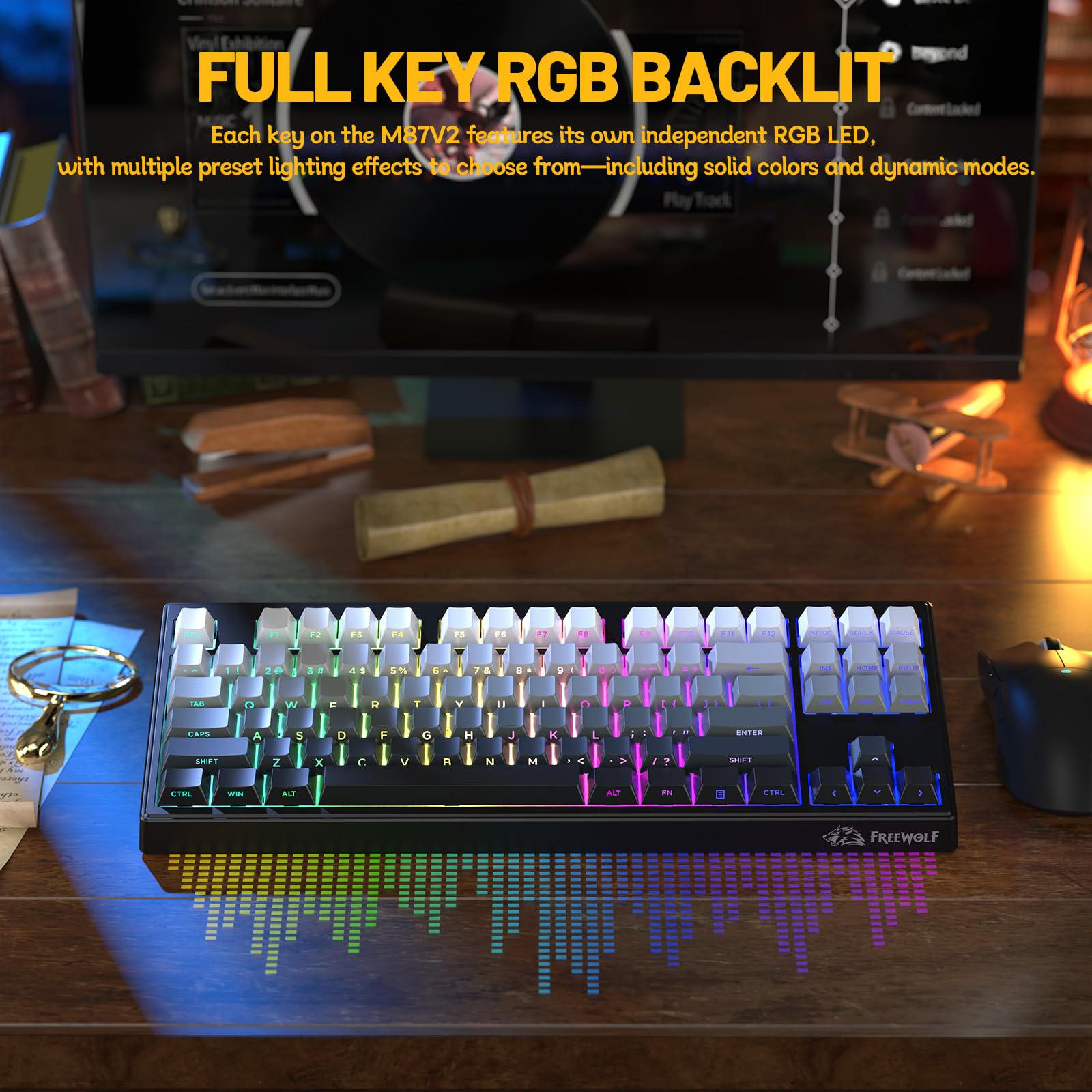 FREEWOLF M87V2 Wireless Gaming Keyboard, Tri-Mode BT/2.4G/cablata, silenziosa e delicata, 4000 mAh, tasti con stampa laterale, QWERTY US, anti-ghosting, 16 m RGB, per Mac/Win