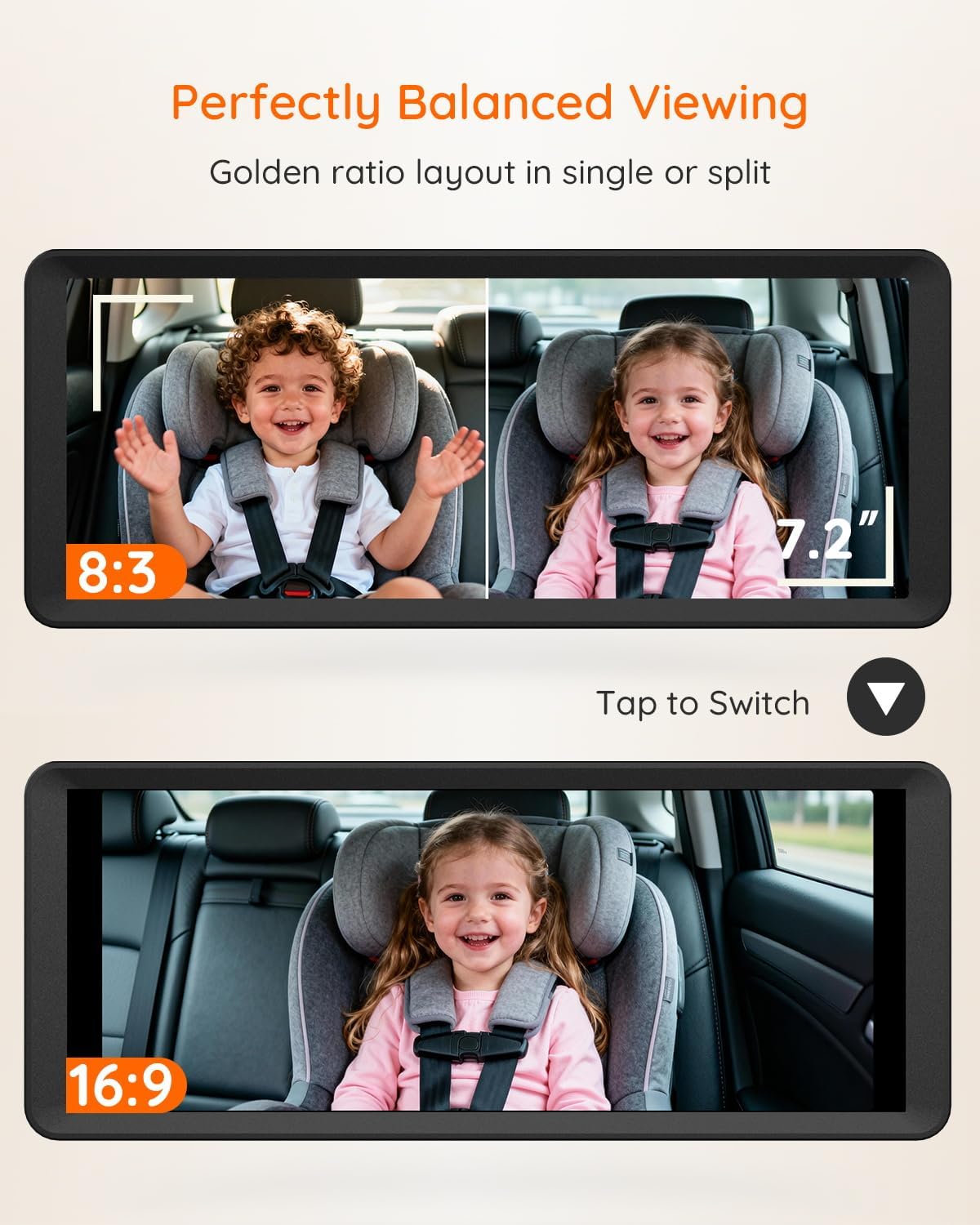 BM5 MAX 1080P HD Dual Baby Car Camera with Recording, 7.2” Split Screen Monitor for 2 Kids, Dual Car Camera Baby Monitor with Auto Night Vision, Easy Installation Carseat Camera for Baby