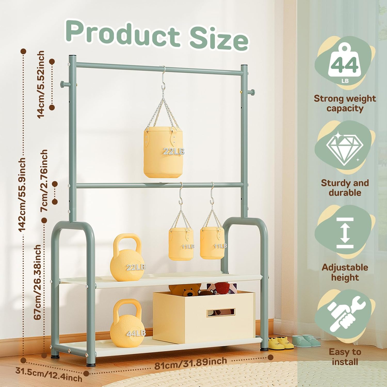 Kids Clothing Rack with 2-Layer Storage Shelf and 2 Adjustable Hanging Rods, Dress Up Rack for Hanging Clothes,Dress up Storage for Baby Toddle Kids(Classic, Green)