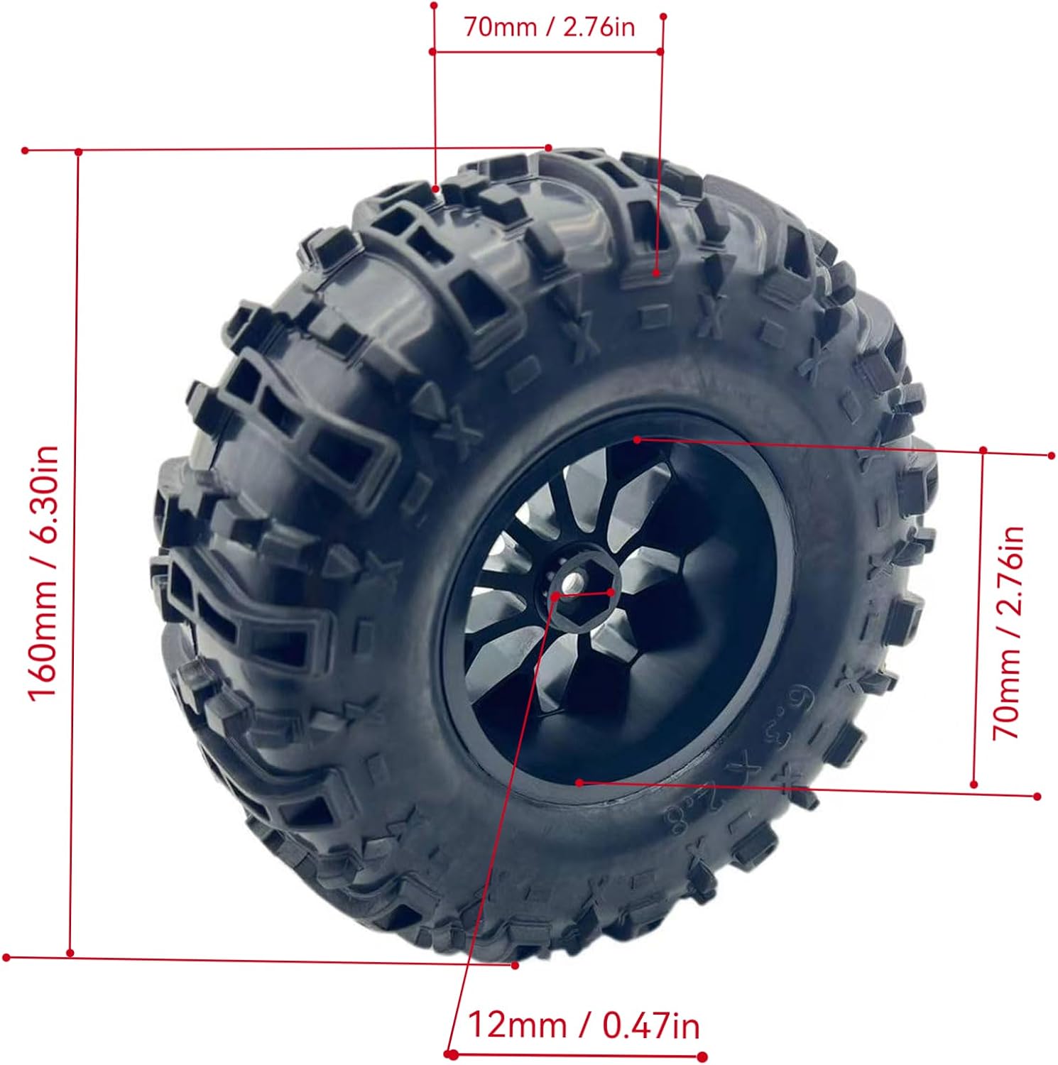 Glued 6.3" Height Larger 1/10 RC Monster Truck Tires Wheels Set 12mm Hex 2.8 RC Tires for Traxxas Rustler Hoss Stampede 2WD 4x4 VXL Redcat Volcano EPX Blackout XTE