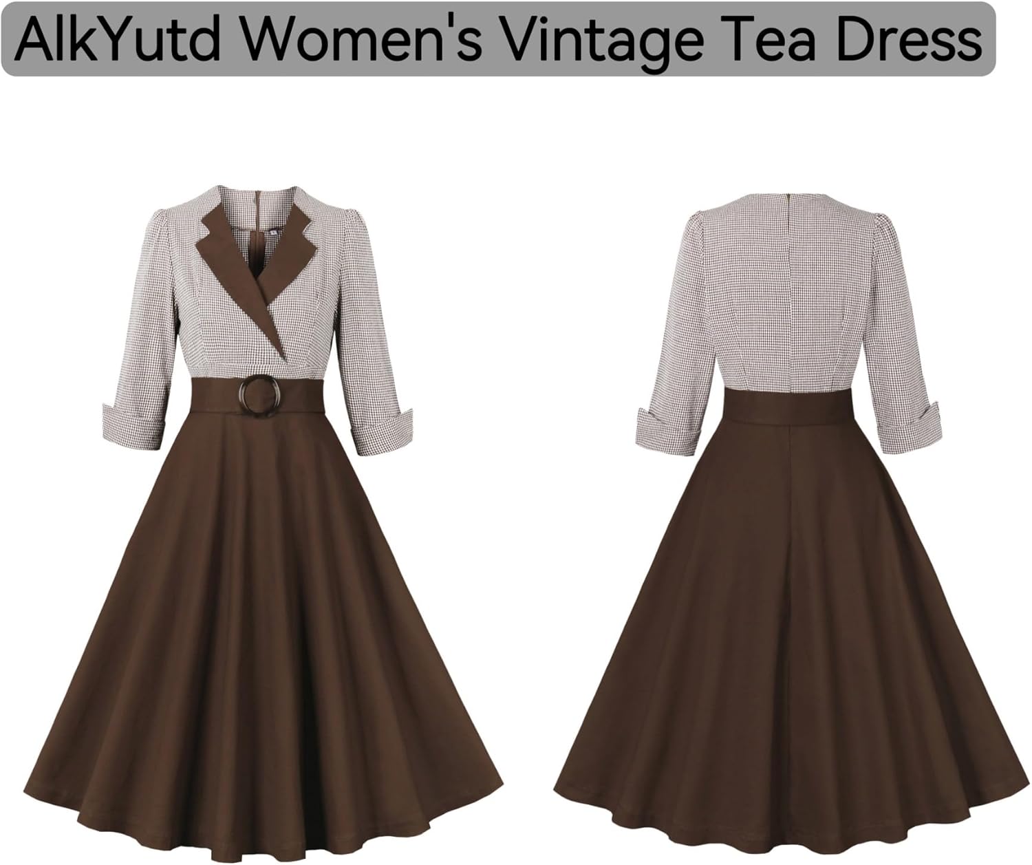 Women's Vintage Tea Dress V-Neck 3/4 Sleeves Plaid A-Line Cocktail Party Dress