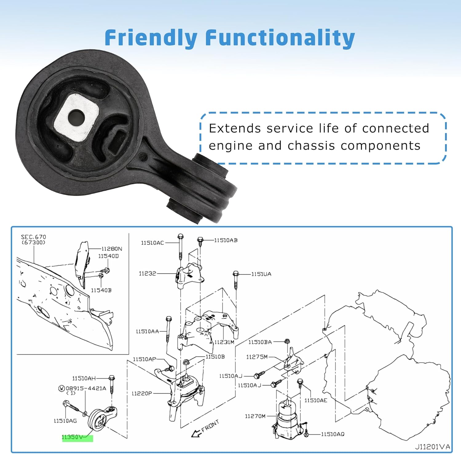 113503TS0B Engine Torque Strut Mount Fit for 2014-2018 Nissan Altima Murano Pathfinder, 2014-2020 Infiniti QX60 2.5L L4 Engine, OEM# A7378, EM7126, 113503TA0B, 113503TA0A, 11350-3TS0B