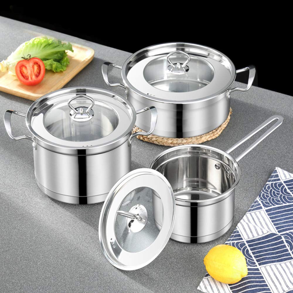 Pentola Cucina, Set pentole padelle, Set pentole antiaderenti a induzione, pentole multifunzionali la Cucina casa con Coperchio in Vetro Manico in Acciaio Inossidabile, 3 Pezzi