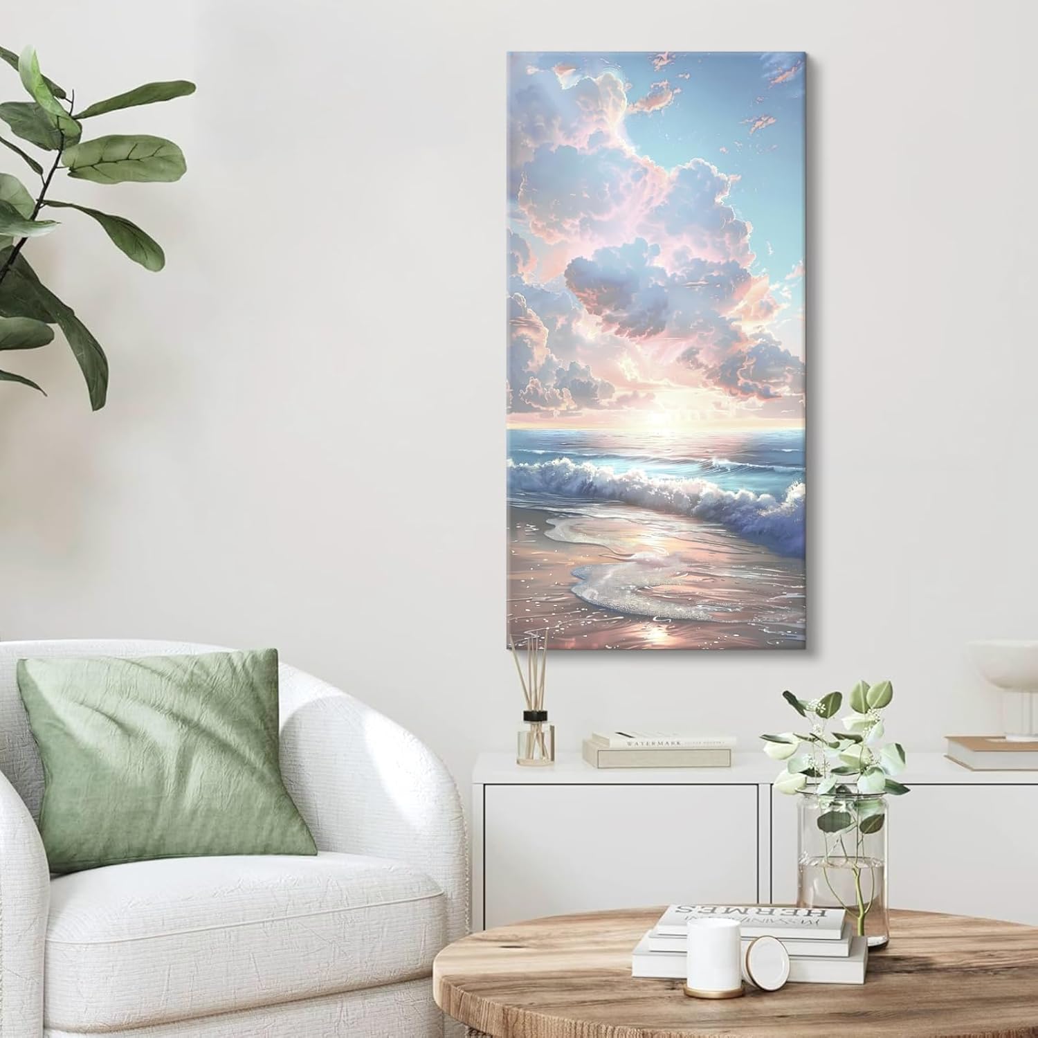 24x48 Inch Framed Beach Sunset Wall Art Coastal Landscape Canvas Print with Waves and Palm Trees Ocean Seaside Wall Decor for Living Room Bedroom Bathroom Office Hallway