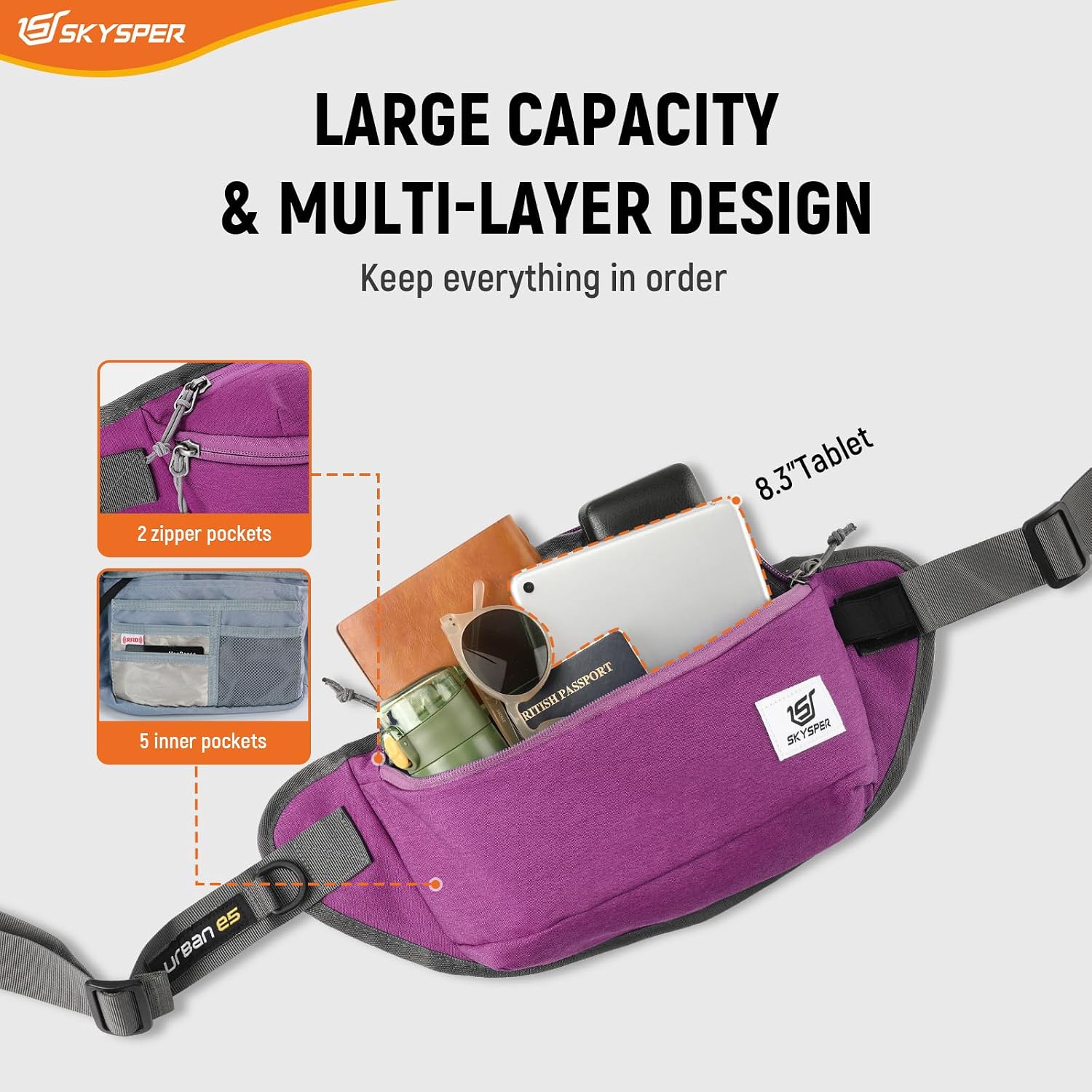 SKYSPER Fanny Pack for Women & Men - 5L Waterproof RFID Anti-Theft Hiking Belt Waist Bag, Crossbody Sling Bag for Hiking, Travel, Workout and Daily Use