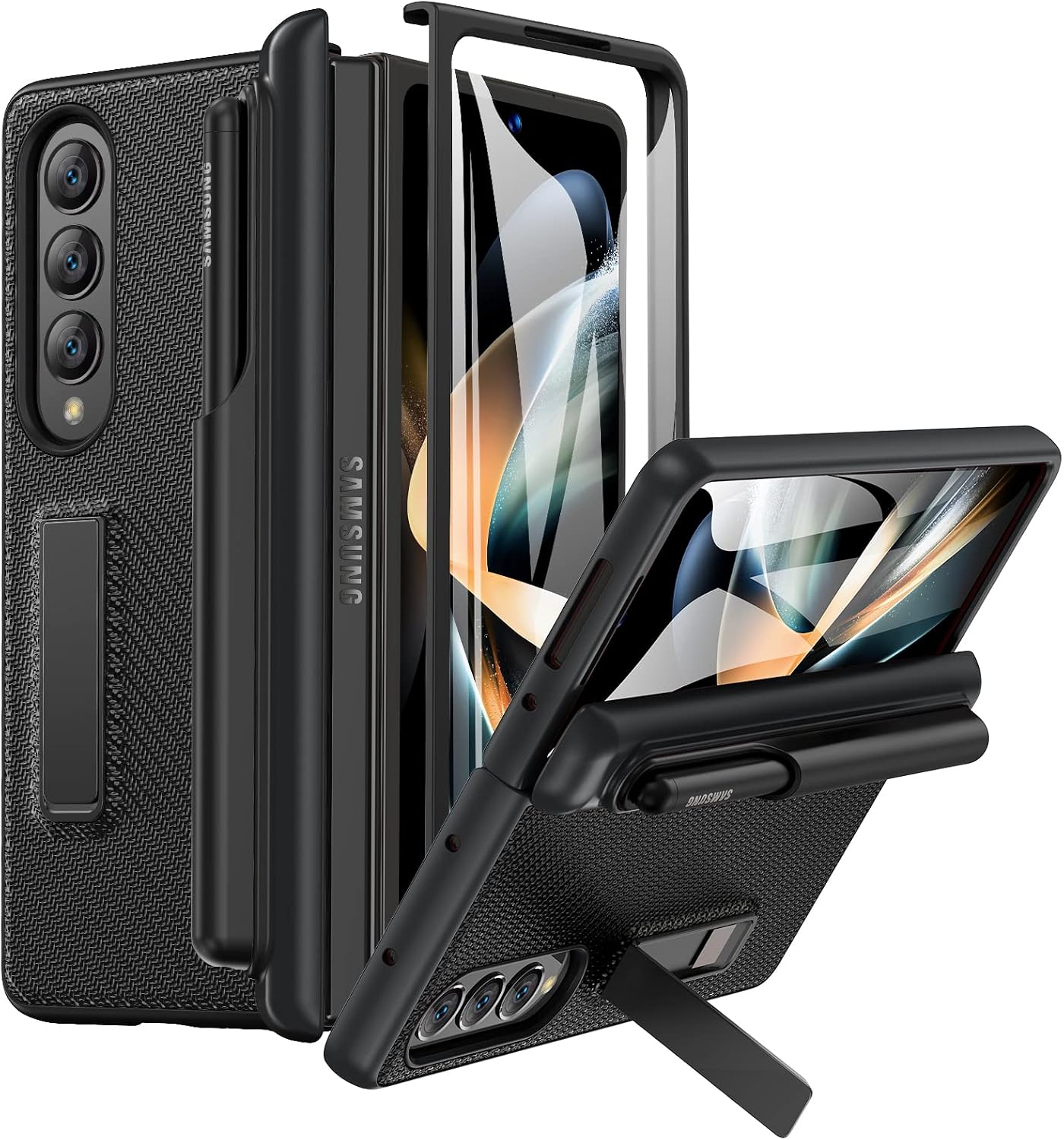 Ruky Carbon Fiber Black Case for Galaxy Z Fold 4: Hinge Protection, Detachable S Pen Holder, Built-in Screen Protector & Magnetic Kickstand
