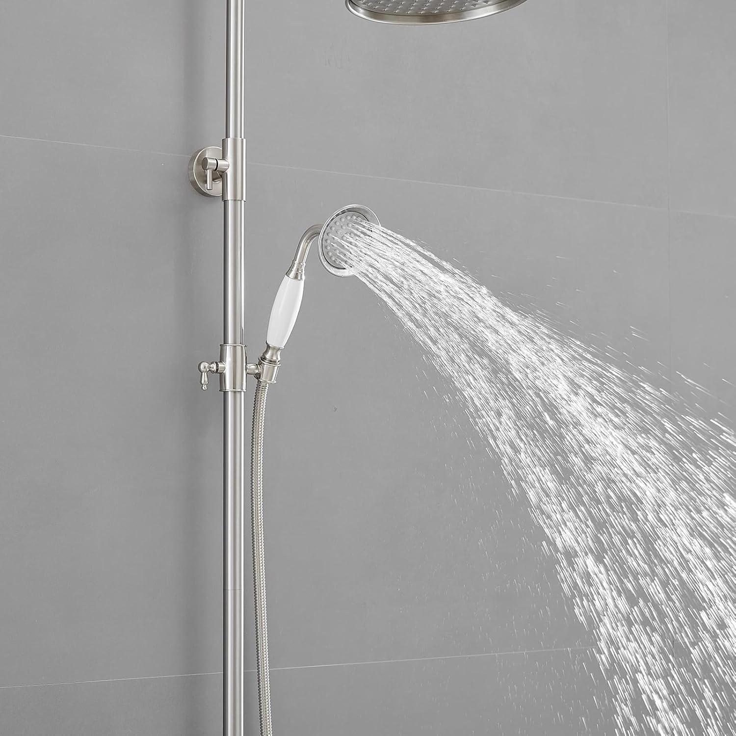 Exposed Shower System, 3 Function Outdoor Shower Kit with Wall Mounted, 8 Inch Rain Shower Head, Handheld Shower & Tub Spout, Dual Handle Shower Faucet Set, Brushed Nickel
