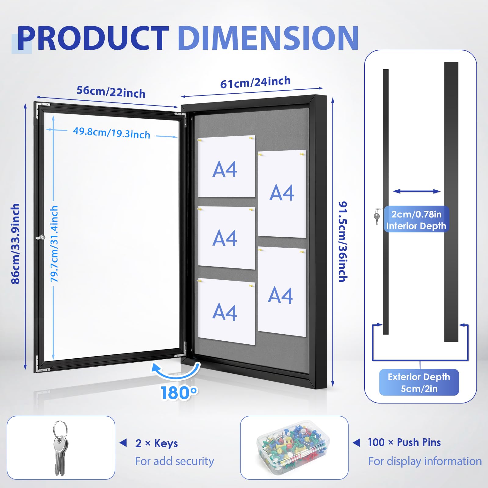 S SWANCROWN Pinnwand für den Außenbereich, wetterfest, 91,4 x 61 cm, geschlossene Pinnwand, Wandvitrine, graue Filztafel für Büro, Schule, Gewerbe, schwarzer Aluminiumrahmen