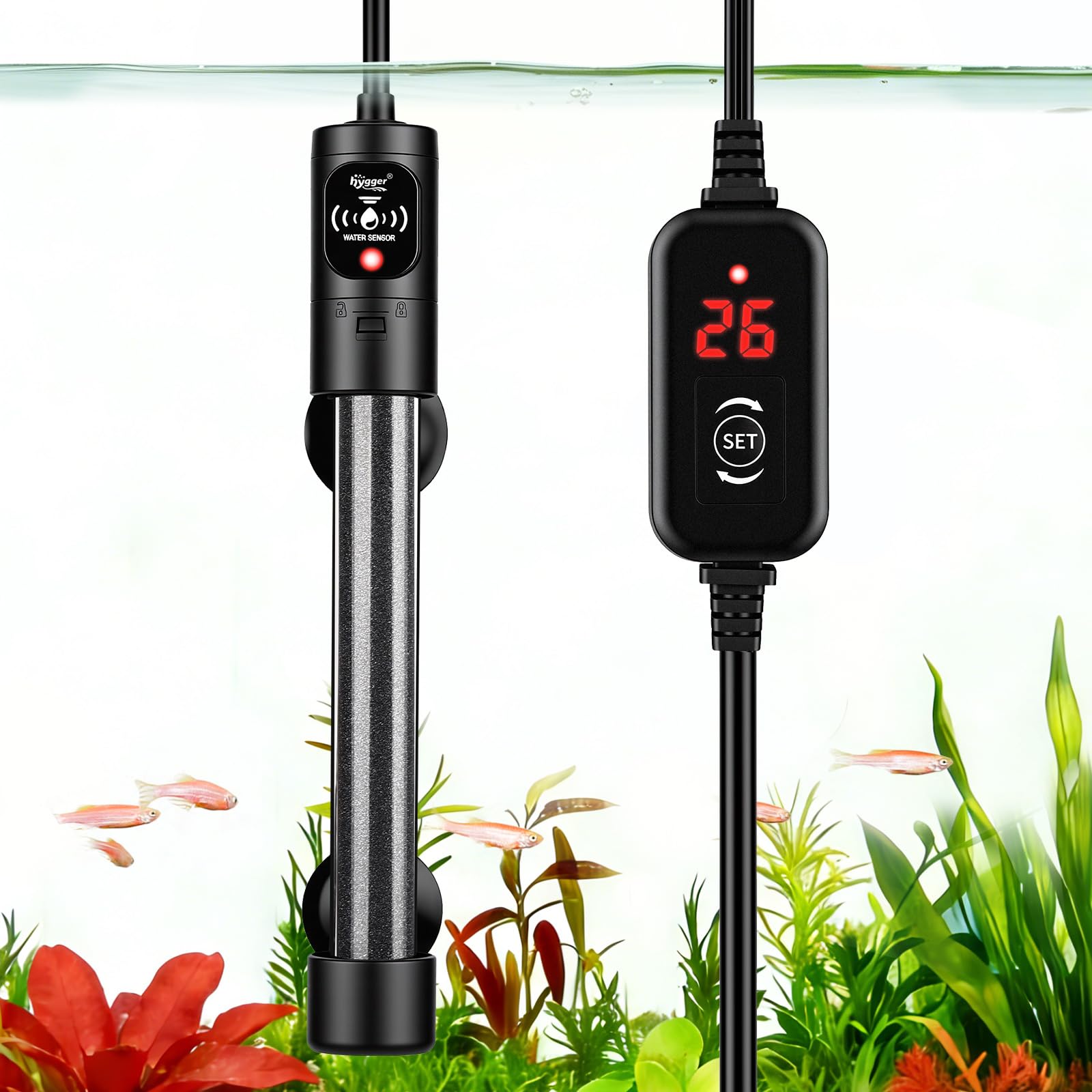 hygger Podgrzewacz do akwarium, 200 W, ogrzewanie do akwarium z kontrolerem temperatury, cyfrowy pręt grzewczy, regulowany grzejnik zanurzeniowy do zbiorników na słoną wodę i słodką wodę 115-152 l (15