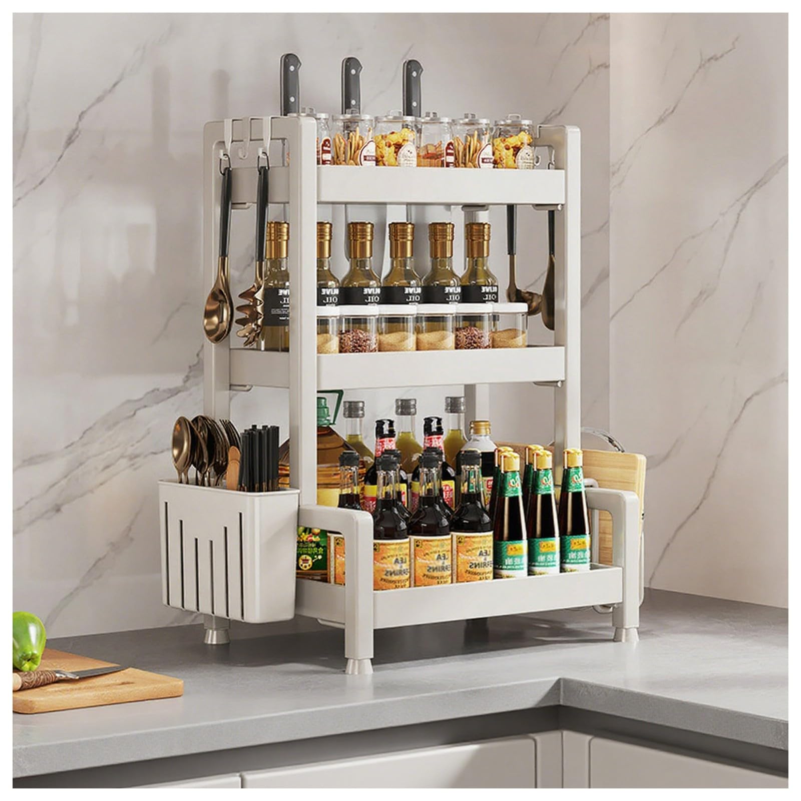 HADECOLL Carbon Steel Spice Rack, Kitchen Countertop Organizer With Knife Holder, Cutting Board Storage,White-3 Tier-40cm