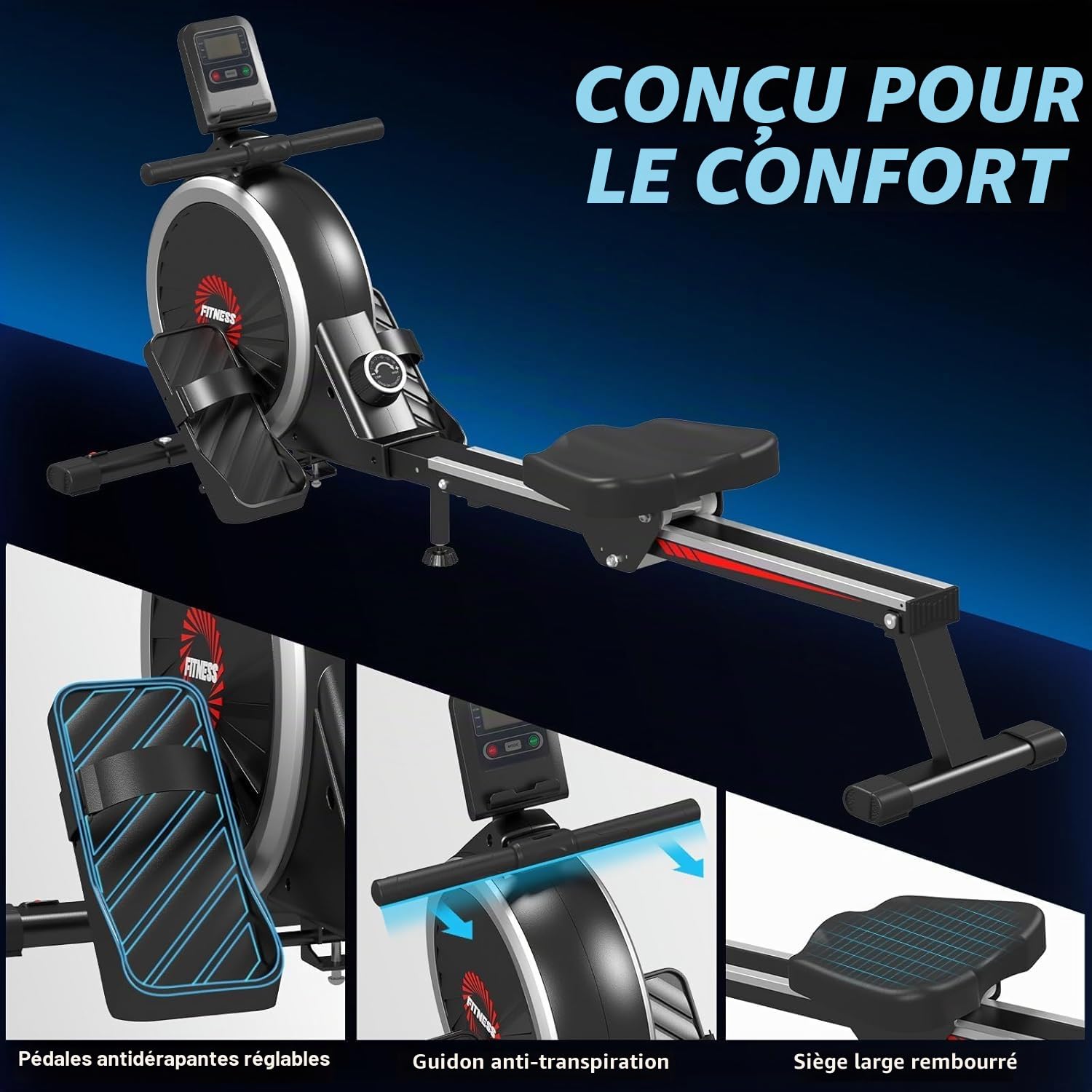 Dskeuzeew Rameur pliable pour la maison avec résistance hydraulique pour tout le corps Appareil de fitness Moniteur LCD Max 150 kg