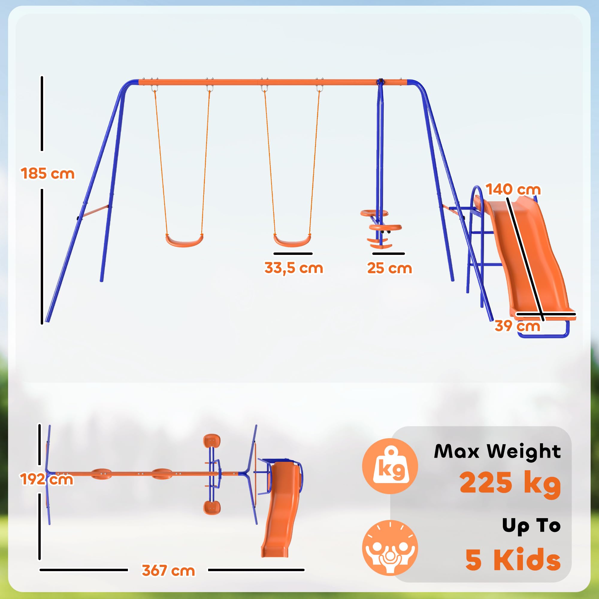 Outsunny Columpio Infantil 4 en 1 Columpio para Niños con 2 Columpios Individuales 1 Columpio del Planeador 1 Tobogán Cuerda Ajustable y Anti-UV para Exterior Carga 225 kg Multicolor